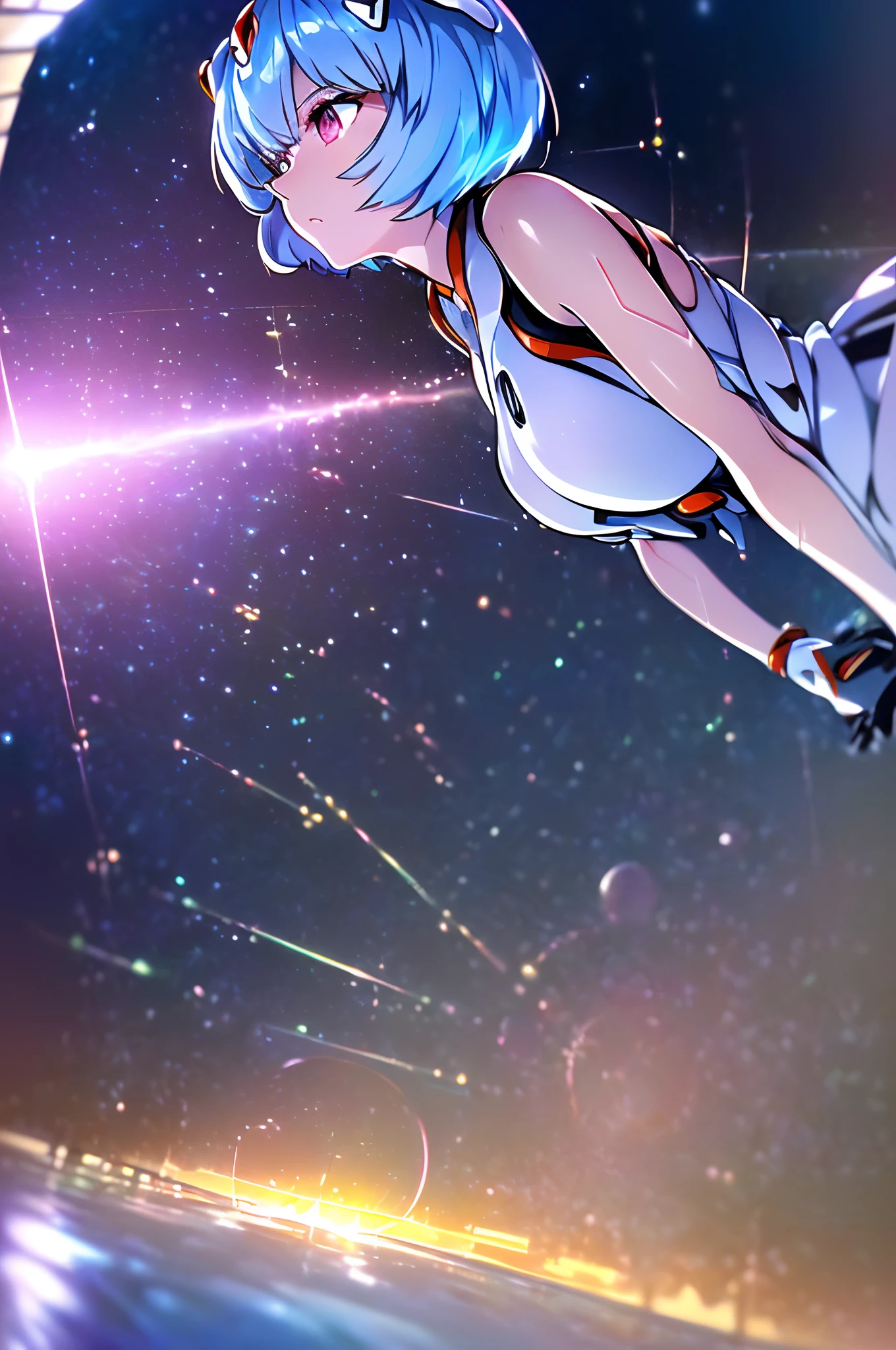 (((ayanami rei:))),headgear,1girl,solo,(masterpiece,best quality, official art,aim to viewers, beautiful and aesthetic:1.2),(ultra high res,spiral, golden ratio, (4k), see from above,((above the earth)),((in the space)),floating,good lighting, (photon mapping, radiosity, physically-based rendering,automatic white balance), technological sense,Amazing,sharp focus,rich background, (((high detailed skin,)))dynamic lighting,intricate detailed outfit,glowing eyes,watery eyes,((short hair,))deadpan, skiny,  turtle neck, short skirt,button shirt,(masterpiece sidelighting),(bishoujo,lustrous),(sky blue hair,pink eyes,）[[delicate fingers and hands:0.55]::0.85],(detail fingers),((((SLR camera lens reflected in the eyes,Ultra Photographic Quality,fisheye,ultra wide angles)))),((incredibly absurdres)),micro shot,((extremely_detailed_eyes_and_face)),(disheveled hair), dark black background, stellar space,a huge black hole in the background,FilmGirl