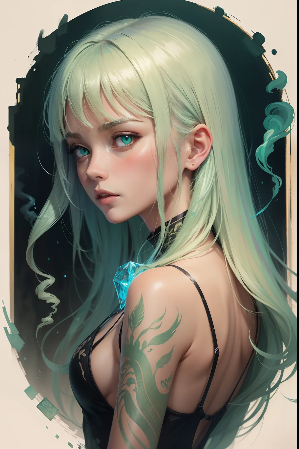 never look back again girl, small inverted triangular face, glowing smoke eye of brilliant green, milky blond hair, glimmer glass hair, loneliness expression, portrait, upper body, tarot card illustration detail, water color painting, oil painting, matte painting of batik finish,