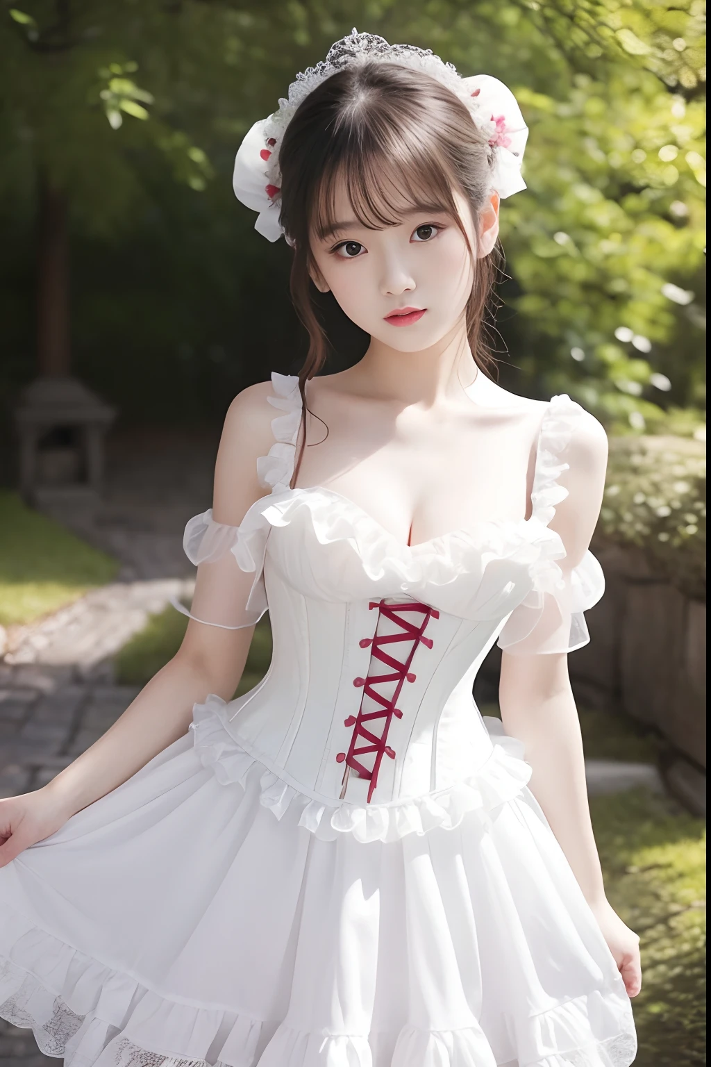 girl wearing bustier dress, BREAK, 1girl, (long bustier dress:1.2), ruffle shirt, high neckline white short puffy sleeve, (black bustier:0.8), chickern farm background, chicken,
(white long skirt:1.2), beauty pose, calm gesture,
japanese, (13yo, cute:1.3), straight messy medium hair, mole, large breasts, black eyes, (tareme, v-shaped eyes), short eyebrows, wide eyes, bangs, broad nose, puffy cheeks,