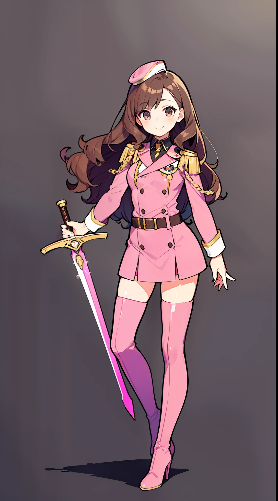 Masterpiece, high quality, 1girl, solo, brown hair, long hair, curly hair, hazel eyes, decent bust, (pink military formal uniform, miniskirt, thigh high boots, high heeled boots), smile, flat_color, full body, sword