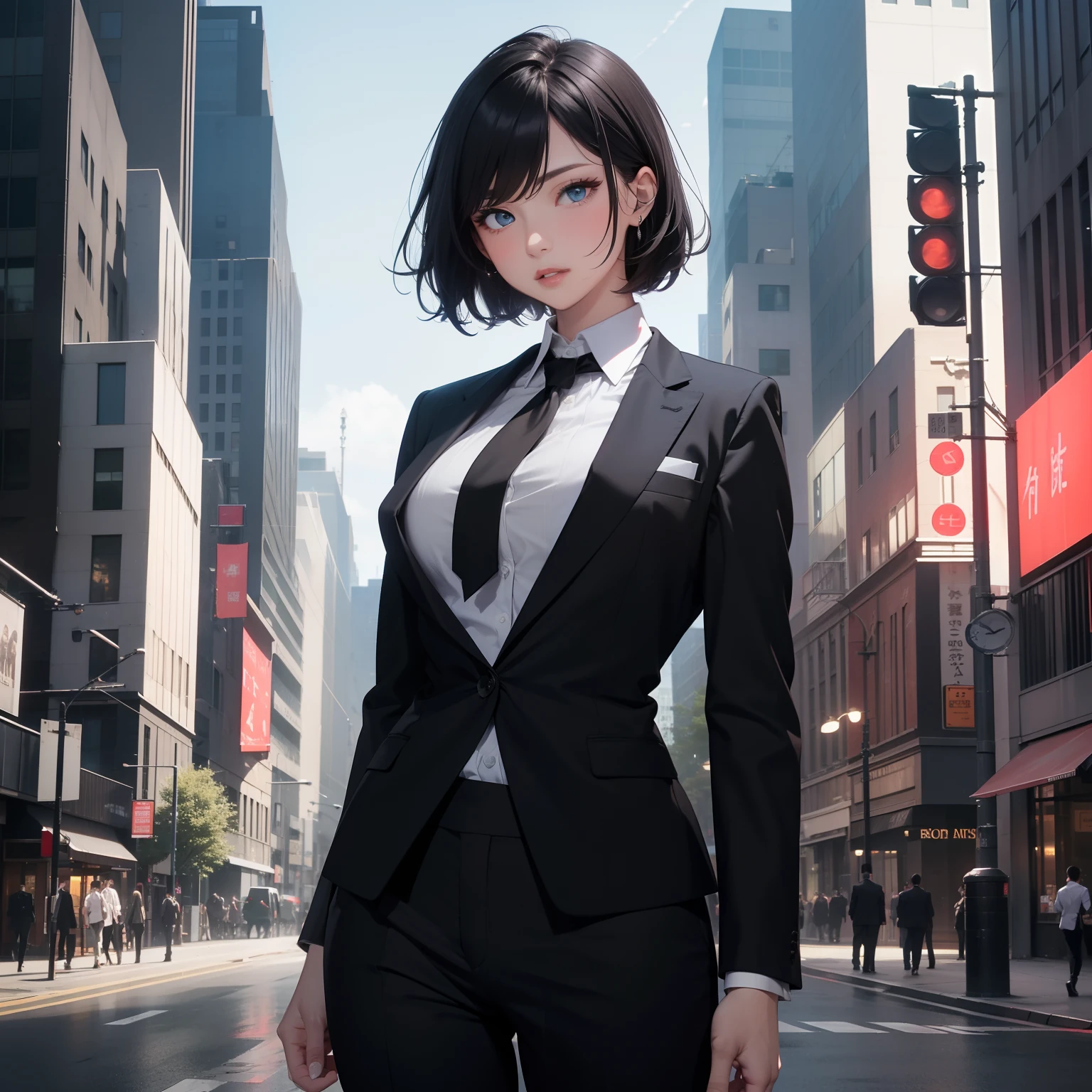 Solo, (Black Suit, Black tie, White shirt, Black pants), Black business suit, An ultra-high picture quality, Super Detail, 超A high resolution, perfect beautiful female, short wavy hair with white sheen, Big blue eyes, Red seductive moist big thick lips, Amorous expression, lewd expression, great proportion, perfectly proportions, slender, Midnight Wall Street Street in the background, Professional Lighting