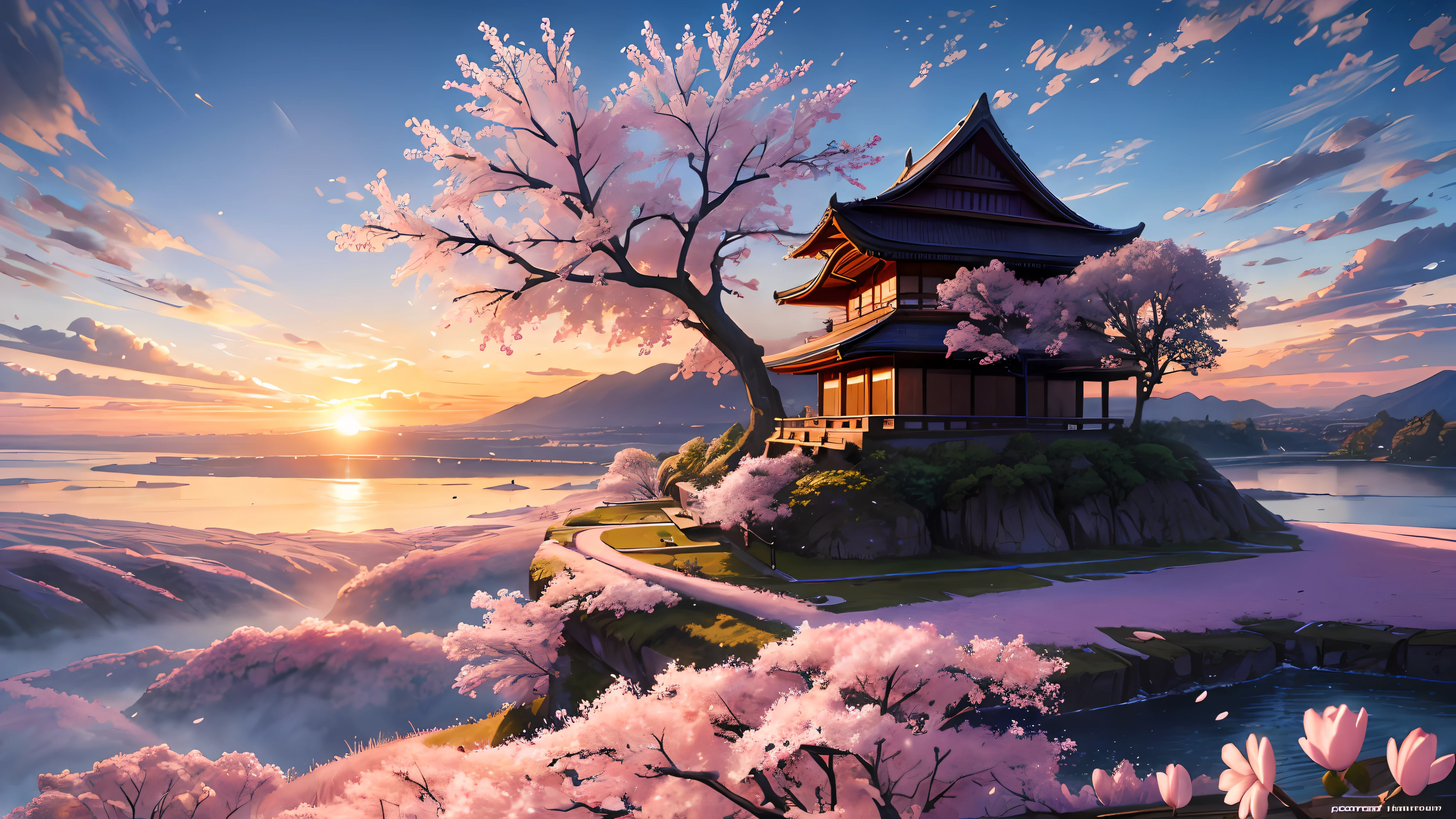 (masterpiece, best quality:1.2), ultra detailed, cinematic lighting, HDR, ilustration, landsape, sunrise, cherry blossom, impressive, chill, inspirational,