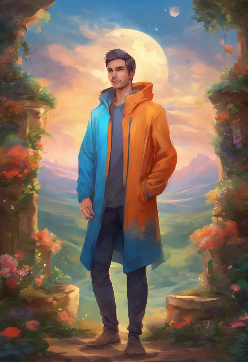 standing with 30 years old man in a blue hoodie, fancy, freelancer, smiling, standing full-frontal, Full-length, Body and head directly in the photo, DSRL, facing the viewer of the photo, Eyes fixed on the lens, The shoulders and head appear in the photo, The man in the center in the photo,