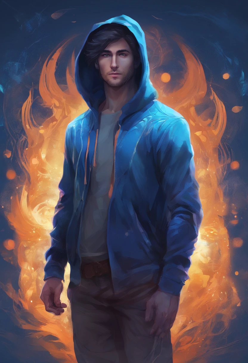 standing with 30 years old man in a blue hoodie, fancy, freelancer, smiling, standing full-frontal, Full-length, Body and head directly in the photo, DSRL, facing the viewer of the photo, Eyes fixed on the lens, The shoulders and head appear in the photo, The man in the center in the photo,