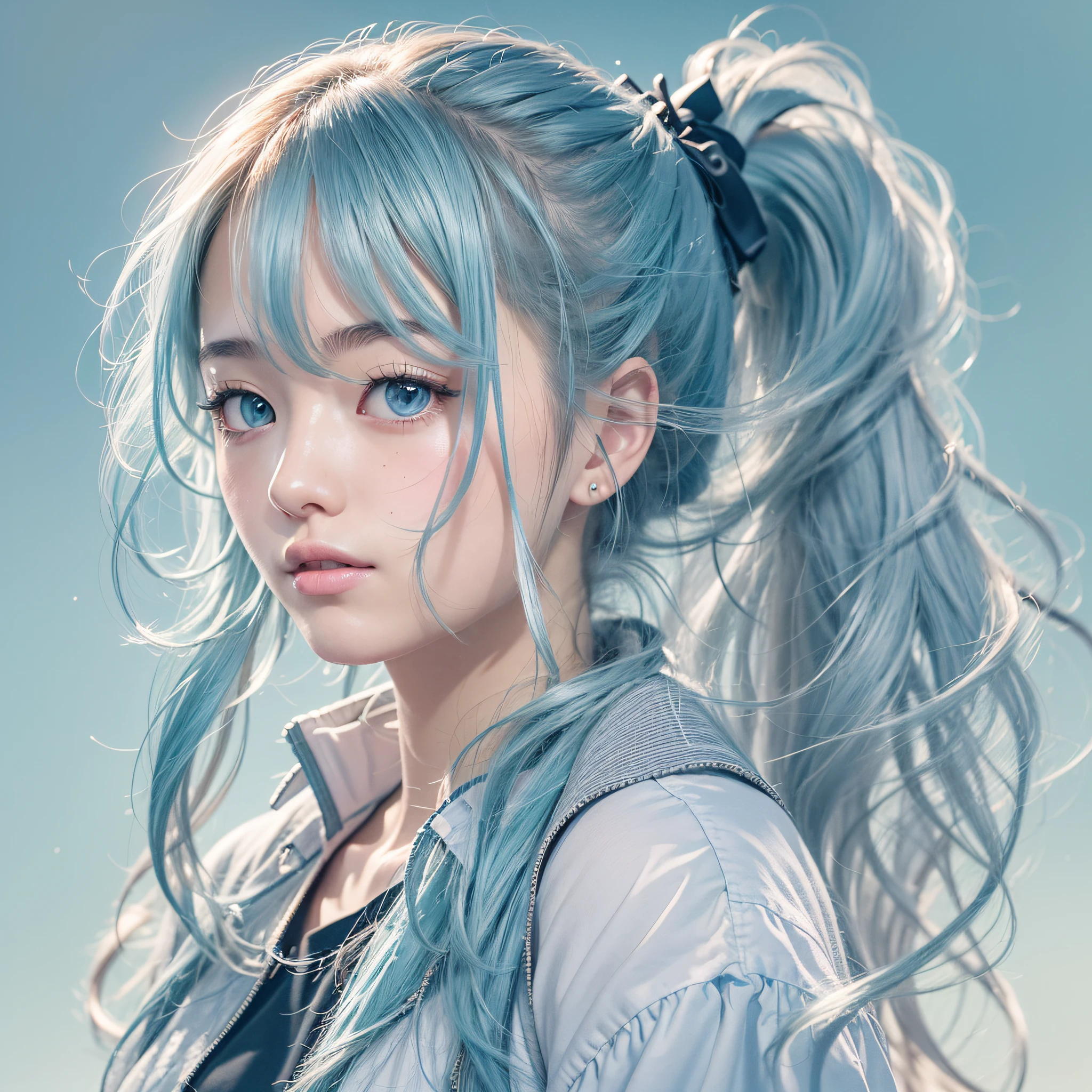 (masutepiece), (Best Quality), (ultra-detailliert),(disheveled hair),(1girl in), Standing, Smiling, Beautiful detailed eyes, Light blue eyes, Detailed beautiful face, (kamisato ayaka: 1.2), Focus on Face,  Ponytail, kamisato ayaka(GenshinImpact), Light blue hair, detailed hairs, Bangs, The best lighting, Best Shadow, Highly detailed, Vibrant