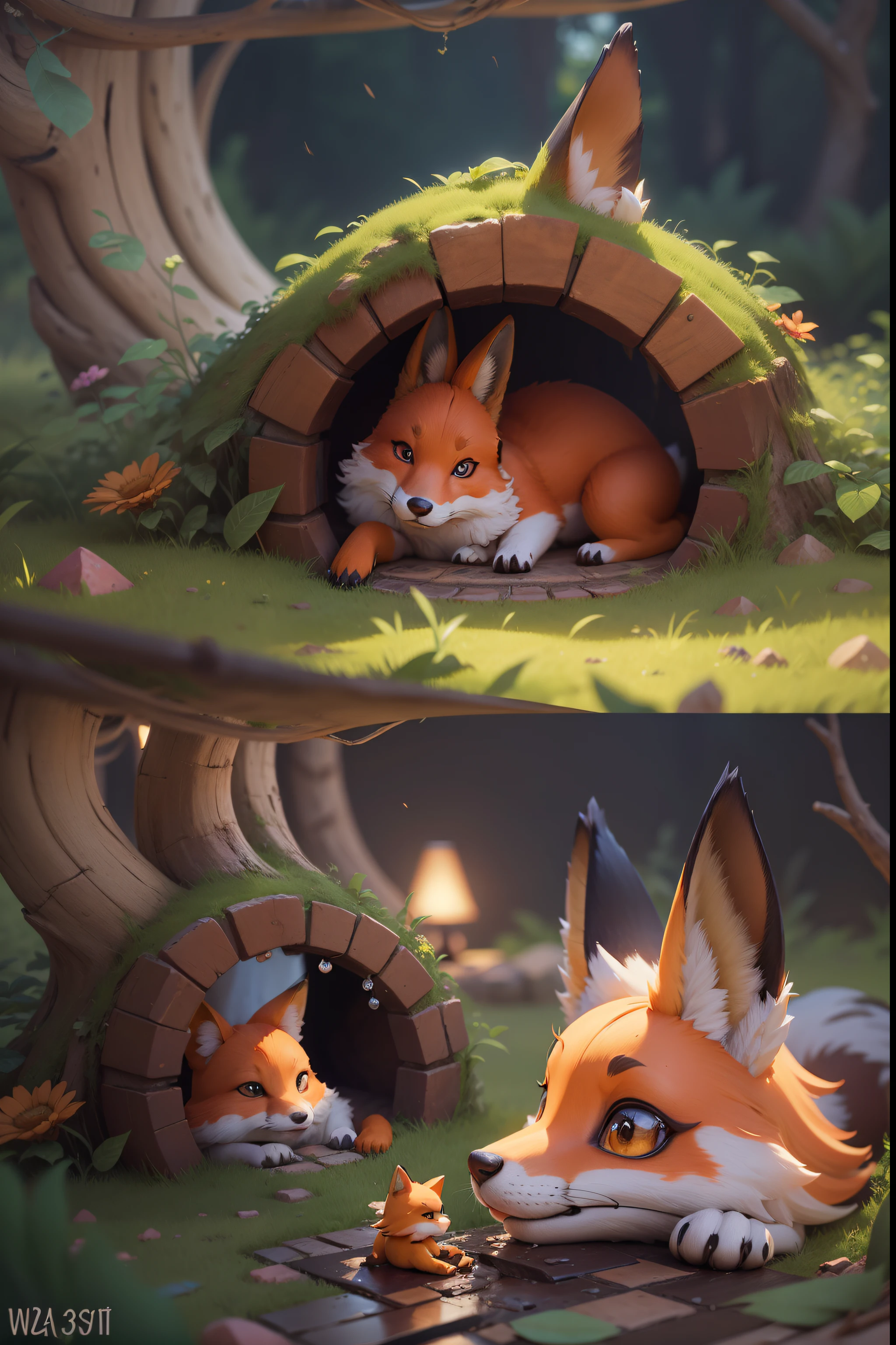 there is a big hole in the ground with a fox, a fox lies in  the hole, fox tail  is out of the hole, an adorable digital painting, cute 3 d render, rabbt_character, Wojtek fus, 3 d render stylized, cute anthropomorphic bunny, cute detailed digital art, stylized 3D render, stylized as a 3d render, children's art in art station, super detailed render