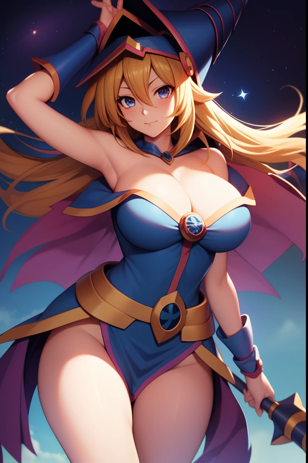 huge tit,cleavage,Anime girl with a sword and hat on her head, Black Magician Girl, beautiful dark magician girl, female mage!, dark magician girl from yu-gi-oh, pretty sorceress, flirty anime witch casting magic, hero 2 d fanart artsation, mighty plump female sorceress, Mage, sorceress woman, half invoker half megumin