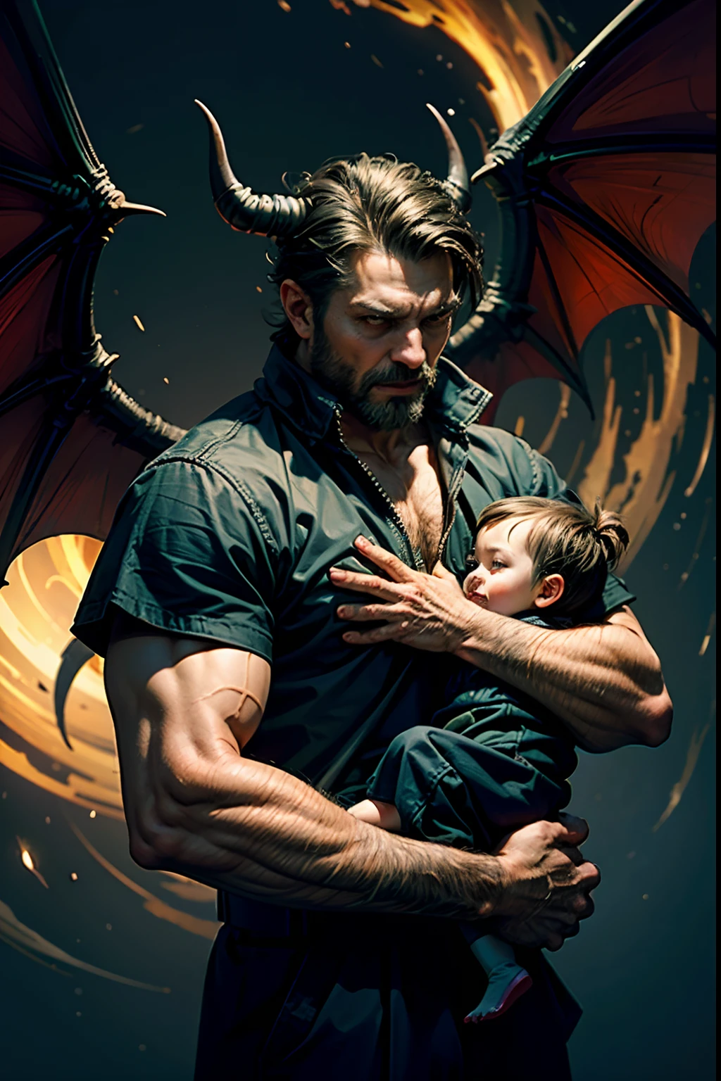 A man who is a devil with bat wings, holding a neglected baby, background is the flames of hell, mood is degradation, decadence, alienation, mendacity, night time light, character design.