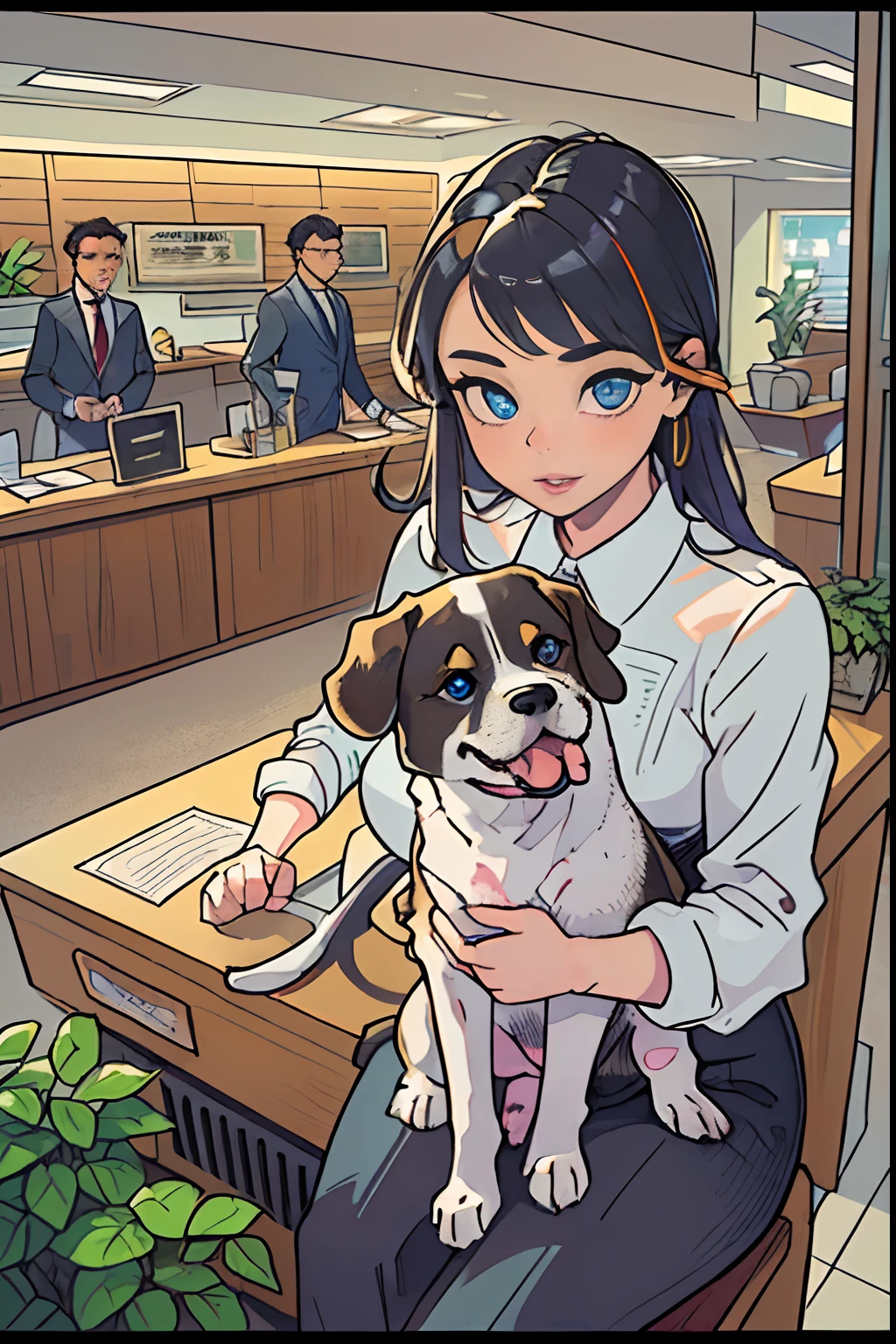 A girl with a dog, in a bank, wearing formal clothes, (best quality, vivid colors, highres:1.2), portraits, classic oil painting, (beautiful detailed eyes, beautiful detailed lips, extremely detailed face, realistic:1.37), long hair, professional, confident smile, elegant posture, (expensive-looking suits), modern interior, marble floor, (wooden counter), natural lighting, spotlights, (friendly atmosphere), (well-groomed dog), (polite bank staff), (multiple people waiting in line), (paperwork on the desk), (security cameras monitoring), (bank logo on the wall), (decorative plants), (clean and organized surroundings), (business-like atmosphere).