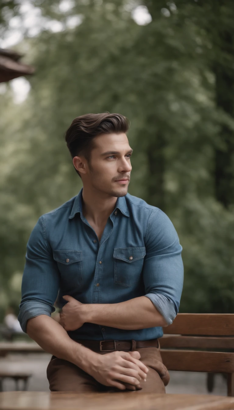 hyper HD, Masterpiece, Best quality, 4K, park, Some tables, Some chairs, Instagram, Minimalism, 1 man , Blue denim shirt, kilt