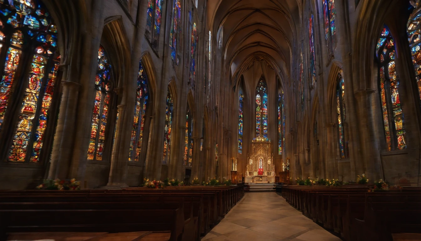 Ambiente realista de uma catedral iluminada, com luzes passando por vitrais super  coloridos. Ao centro, um homem caminhando de costa no corredor igreja, imagem realista, textura realista, clima sagrada