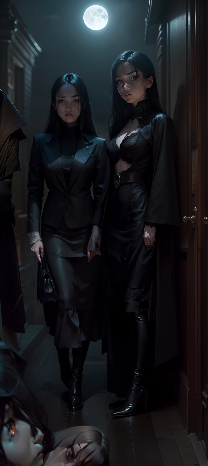Photo realistic, Horror theme, underworld theme, dark element, realistic high quality masterpiece,1girl, (beautiful) Japanese female,looking straight at camera, straight ahead, sad face, detailed face, age 27, symmetrical eyes,symmetrical face,subtle vampire fangs, violet eyes, wavy long black hair, walking down dark, foggy, misty, moonlit alley,clouded quarter moon in sky in background, moonlit,with fog and shadows, spooky,nightime,cinematic lighting,dressed conservatively, wearing a deep purple lace top & double breasted coat black (buttoned up) closed coat black, medium length black skirt black., fix hands, detailed lips