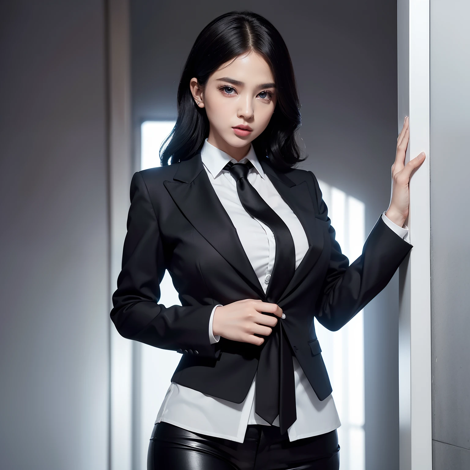 solo, (black suit, black tie, white shirt, black pants), black business suit, super high image, super detail, super high resolution, perfect beautiful female, white glossy wavy short hair, blue sparkling big eyes, red alluring moist big thick lips, amorous expression, lewd expression, great proportion, perfect proportion, slender, background midnight Wall Street city, professional lighting