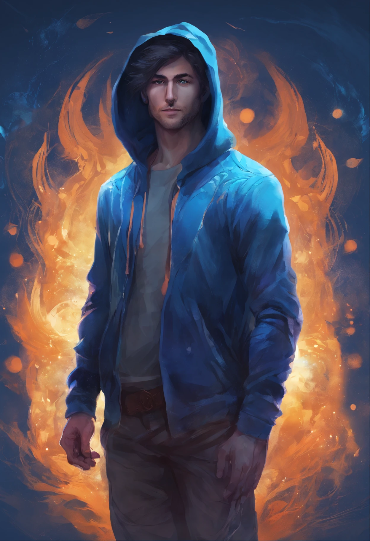 standing with 30 years old man in a blue hoodie, fancy, freelancer, smiling, standing full-frontal, Full-length, Body and head directly in the photo, DSRL, facing the viewer of the photo, Eyes fixed on the lens, The shoulders and head appear in the photo, The man in the center in the photo,