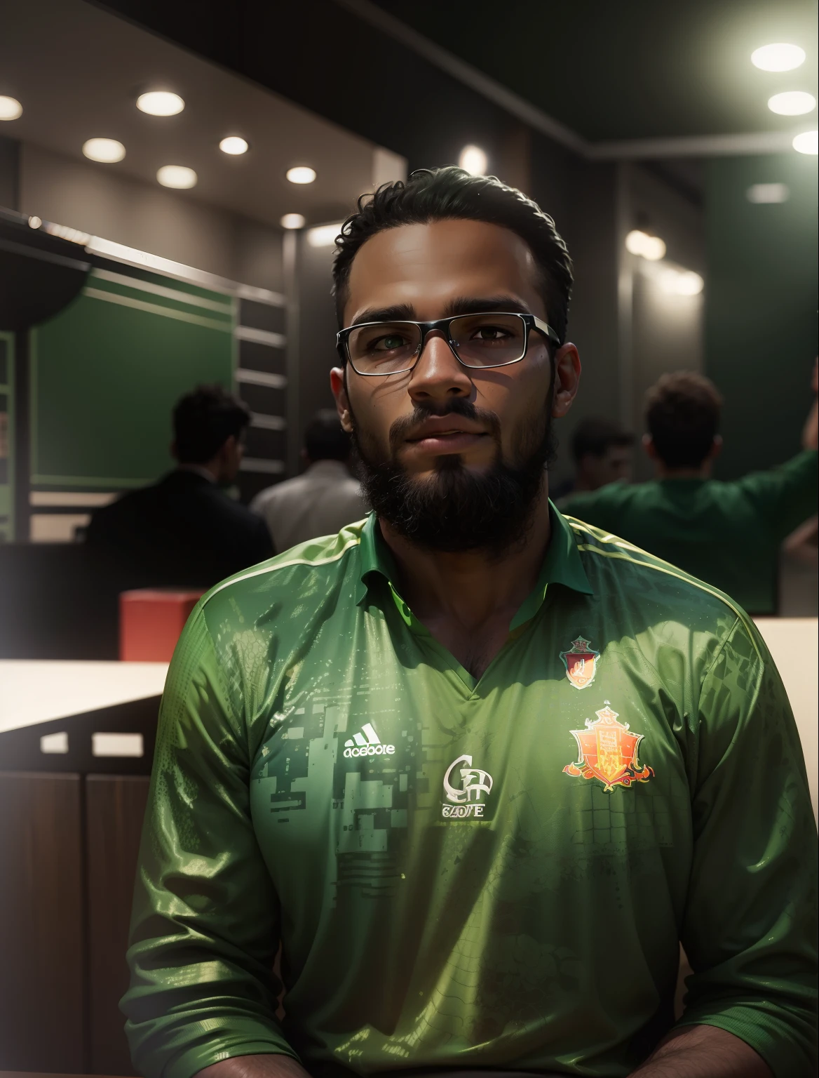 Make him a footballer, dark background, dark green Jersey
