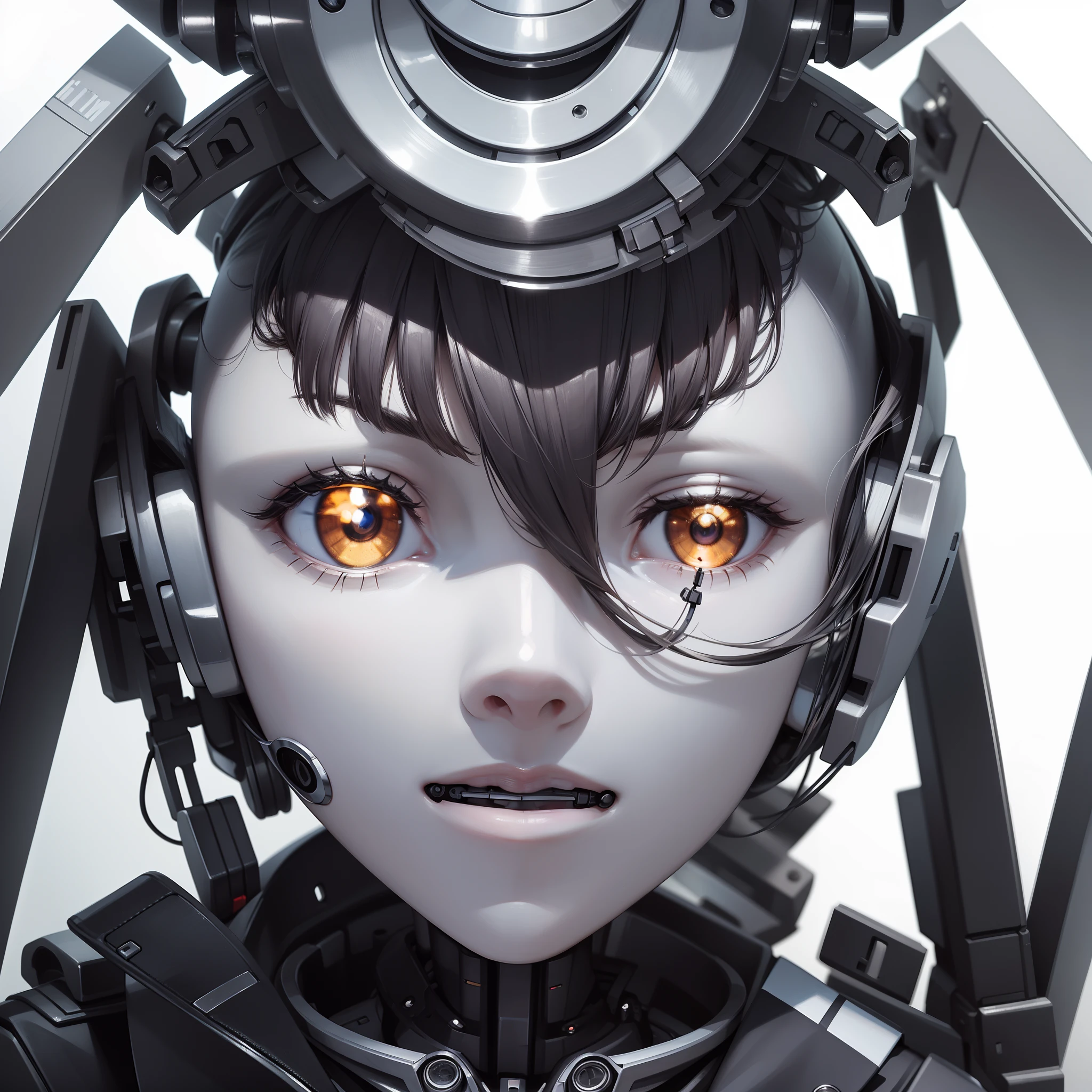 Masterpiece, best quality, (front pose ), front face, symmetrical face, ((robotic face, metal parts in face)), pretty, cute, AI himself