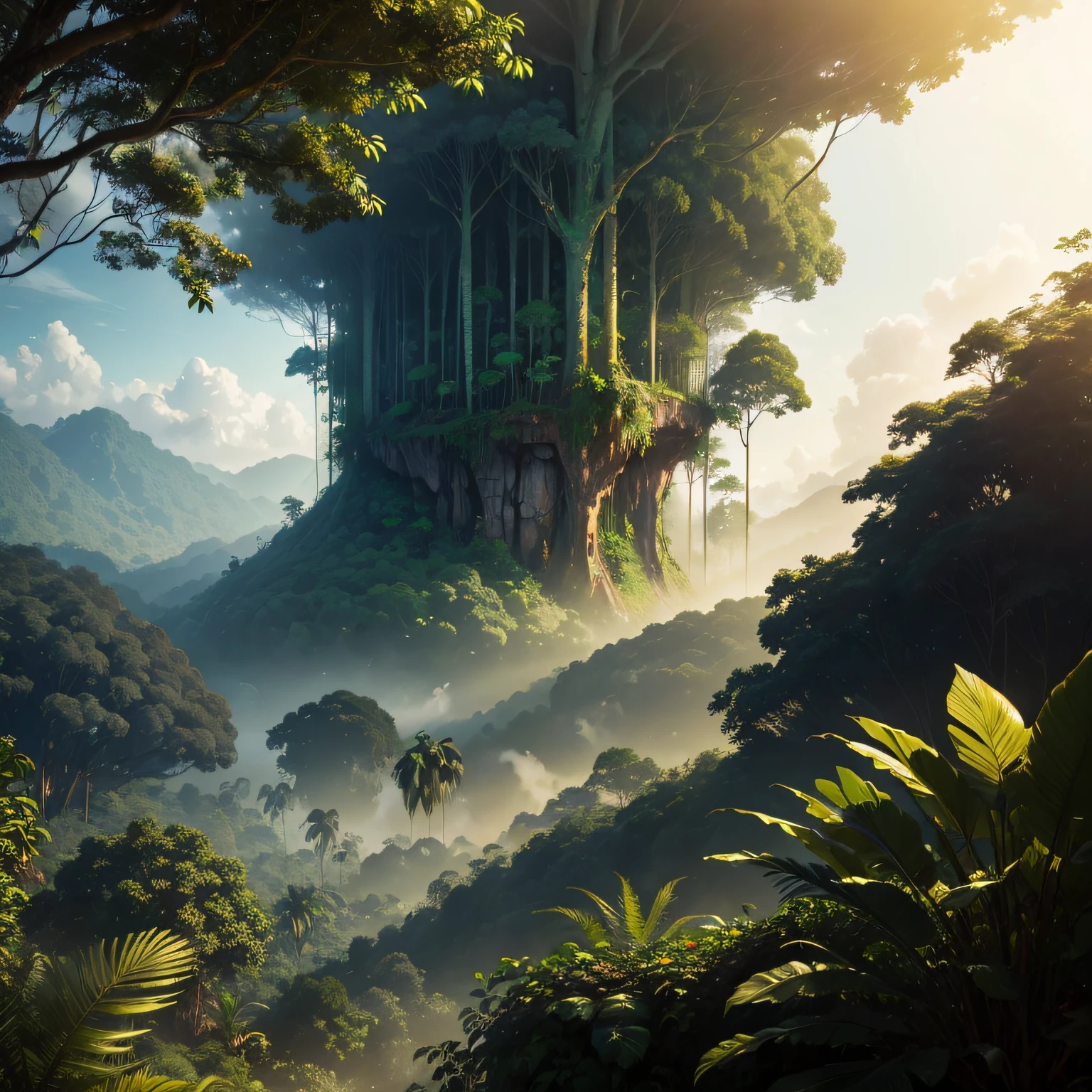 a scene of a lush tropical forest, amazon, curupira, with tall trees and dense vegetation, mist among the trees, 4k, ultra-detalhado