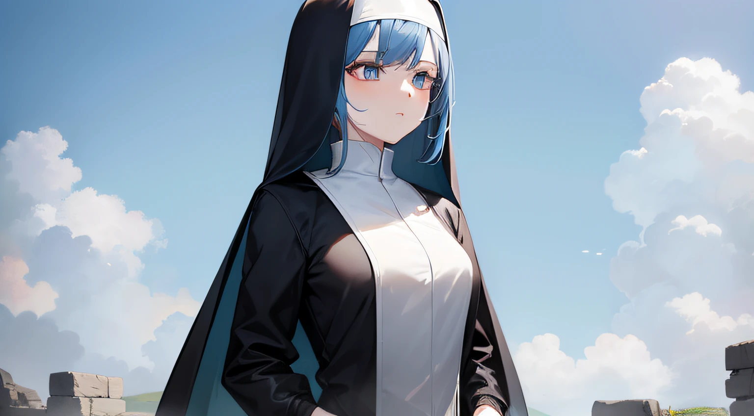 1girl, proper clothing, standard plain nun outfit, elegant, lady, mature, tall woman, (Topaz blue hair: 1.2), ruins, sky, detailed face, cute face, detailed hair, knightess