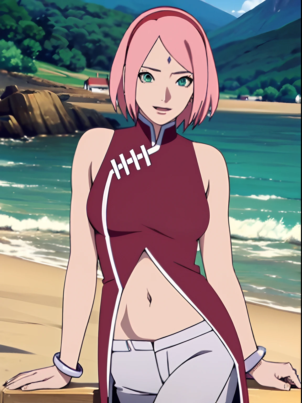 masterpiece, 4k, portrait, cowboy shot, (PLAYGROUND BACKGROUND), professional artwork, intricate details, colorful, digital blending, (ultra detailed body, ultra detail hair, ultra detail face), trending on pixiv, kind smile, best quality, anime style: 1.9, 1girl, hires, haruno sakura, (forehead mark, milf, red hairband, pale skin, (small breasts), short hair, ((red sleeveless dress), white pants), ((navel, belly button), slender body, slender belly, bracelet, pink hair, open mouth, big eyes), smile, beach, wind, floating hair, detailed arms, off-shoulders, broad shoulders, (((both) hands spreading to both sides)), fancy couch, relaxing, laying, talking, looking at the viewer))), (((flexing)))