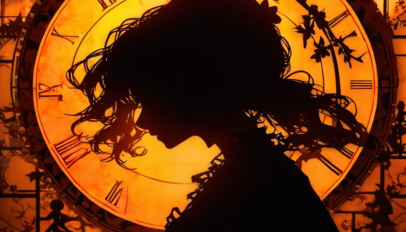 (Silhouette Art,cutouts:1.6)
(((Paper cutting art,A world where only black exists:1.3)

(Cowboy Shot),1 girl,Solo,
(Kimono Girl,profile:1.2),white, Clear and beautiful face,Sunrise behind

break
(Yellow clock)
Textured glass background,