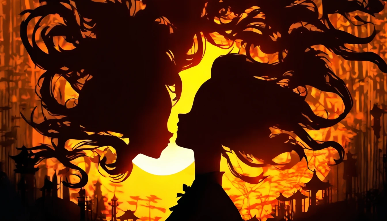 (Silhouette Art,cutouts:1.6)
(((Paper cutting art,A world where only black exists:1.3)
(Cowboy Shot),1 girl,Solo,
(Kimono Girl,profile:1.2),white, Clear and beautiful face,Sunrise behind
break
(Yellow clock)
Textured glass background,