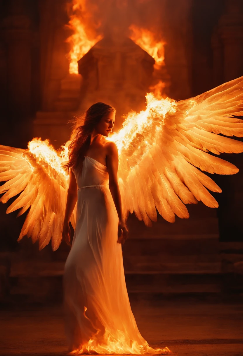 Angel with burnt wings walking along a scorched wasteland, Temple on Fire, flame, ignite, Full body light, screaming, request