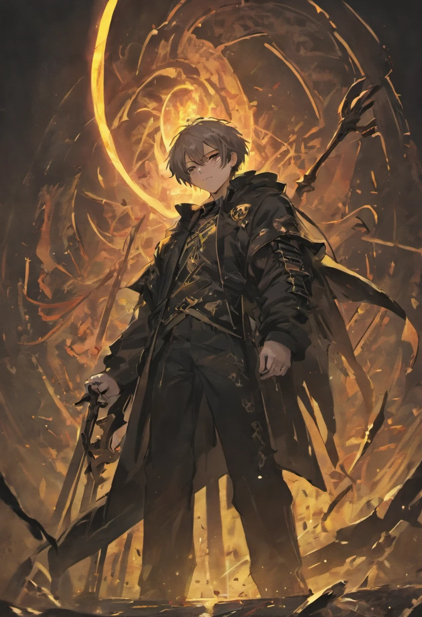male people,Side Body,sideface,Leaning on the scythe of death,Ark of tomorrow,quadratic element,Abyss,black-clad,eye closeds,ssmile