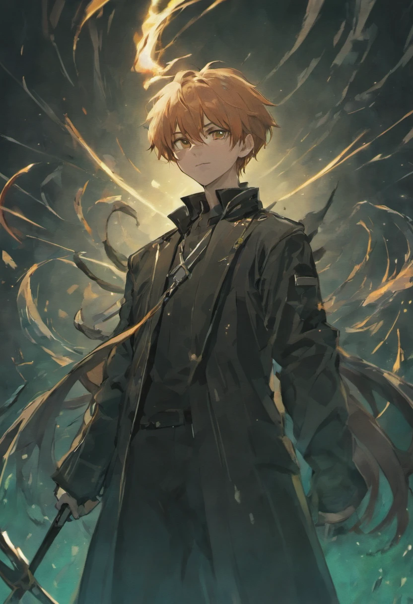 male people,Side Body,sideface,Leaning on the scythe of death,Ark of tomorrow,quadratic element,Abyss,black-clad,eye closeds,ssmile