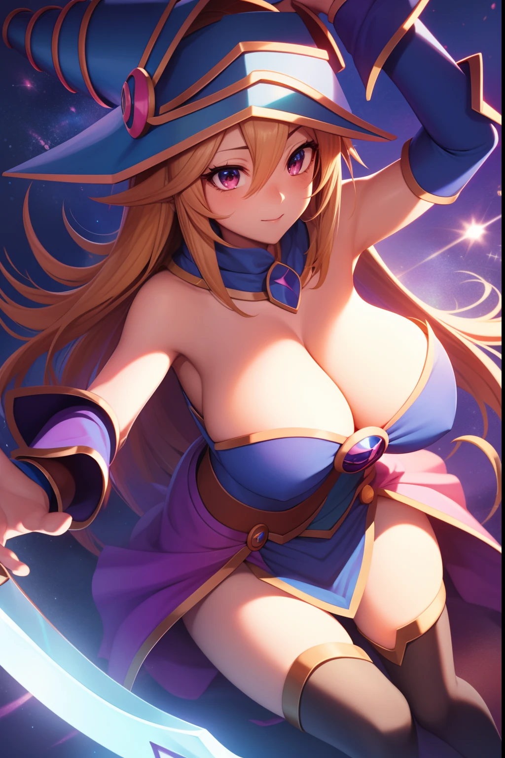 huge tit，cleavage，Anime girl with a sword and hat on her head, Black Magician Girl, beautiful dark magician girl, female mage!, dark magician girl from yu-gi-oh, pretty sorceress, flirty anime witch casting magic, hero 2 d fanart artsation, mighty plump female sorceress, Mage, sorceress woman, half invoker half megumin