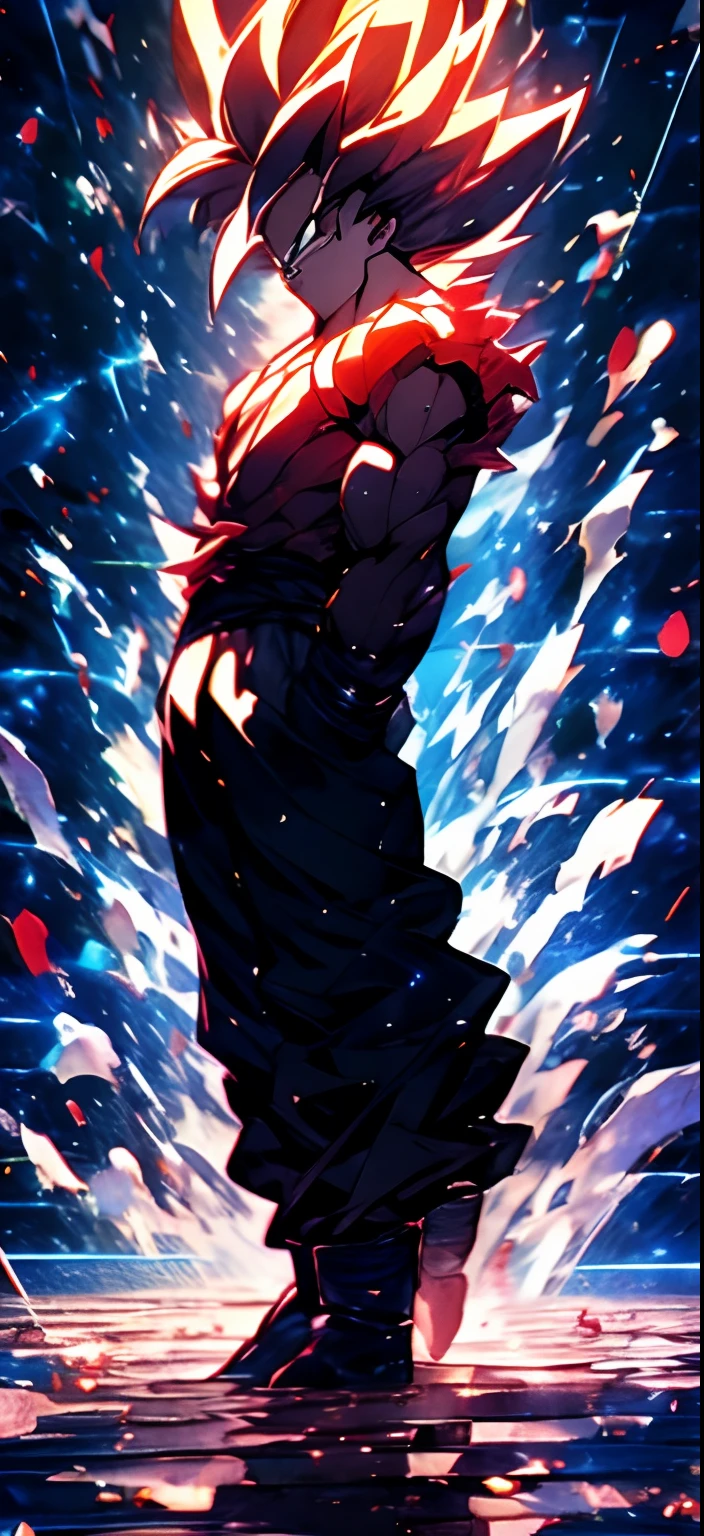 FULL BODY, Dragon Ball Goku is an anime character, Badass anime 8k, estilo de arte de dragon ball, super saiyajin azul, Retrato de Goku, Goku Humano, Retrato de Goku, Estilo anime 4k, Retrato muito detalhado de SUPER SAYAJIN Goku, Dragon ball style, 4K manga pavermelhoe paper, estilo de arte anime de alta qualidade, personagem estilo anime, Filho Goku, Advanced digital anime art "Realistic, brilhante, Reflexivo, bioluminosa, galactic cybernetic mask, Mecha, (carrasco: 1.2), Camada, SH4G0D, Runas brilhantes_vermelho, corpo inteiro, cinemactic, fundo escuro, luz de fundo, alto contraste,