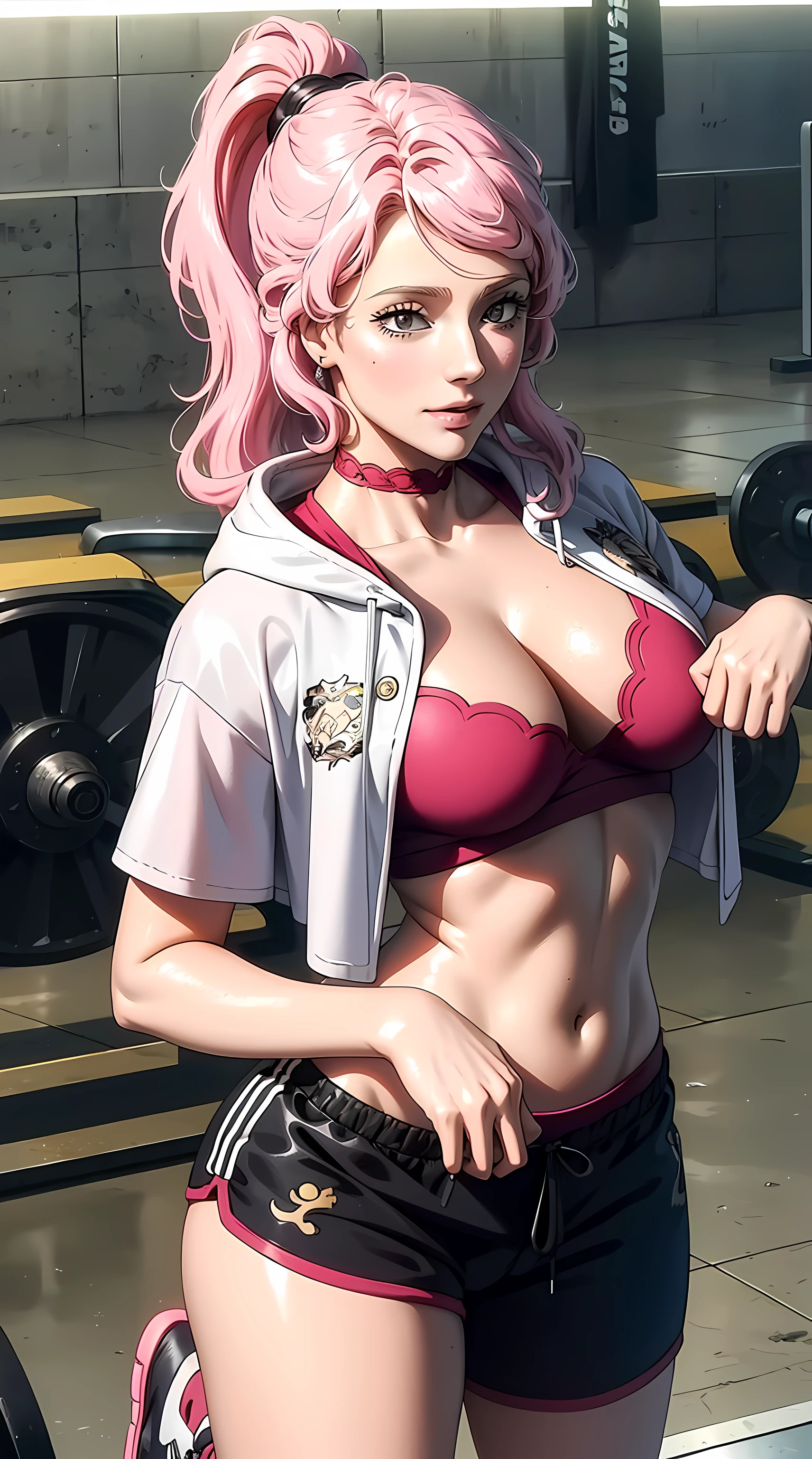 vanessa from the anime black clover, long hair, pink hair, ponytail, beautiful woman, beautiful, perfect body, perfect breasts, wearing a white Adidas hoodie, black jogger pants, wearing white Nike Jordan shoes, at the gym, barbell, looking at the audience, smiling small, realism, masterpiece, textured skin, super detailed, high detail, high quality, best quality, 1080p, 16k