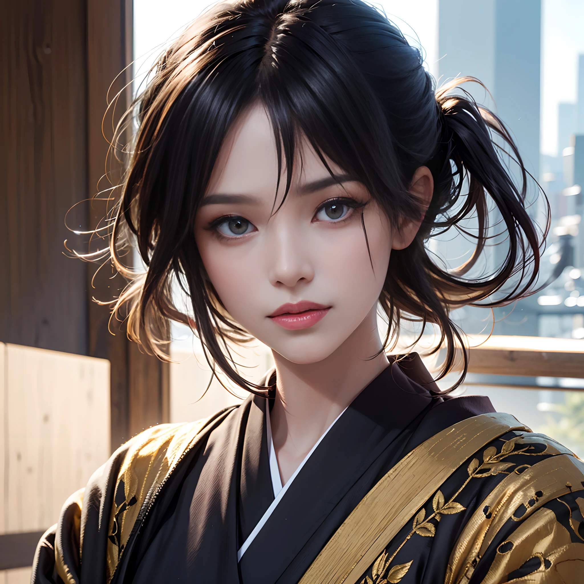 Luxury kimono（Black kimono(Detailed golden embroidery),Purple band、Golden Band Closure）、odd eye、watching at viewers、Outside the window　blue-sky　Streets of Kyoto、Ponytail, Shiny hair, shairband, Mismatched pupils, Hyper-Realism, Verism, Realism, depth of fields, Cinematic lighting, Wide Shot, F/16, nffsw, high details, High quality, Textured skin, 8K, Best Quality, hight resolution