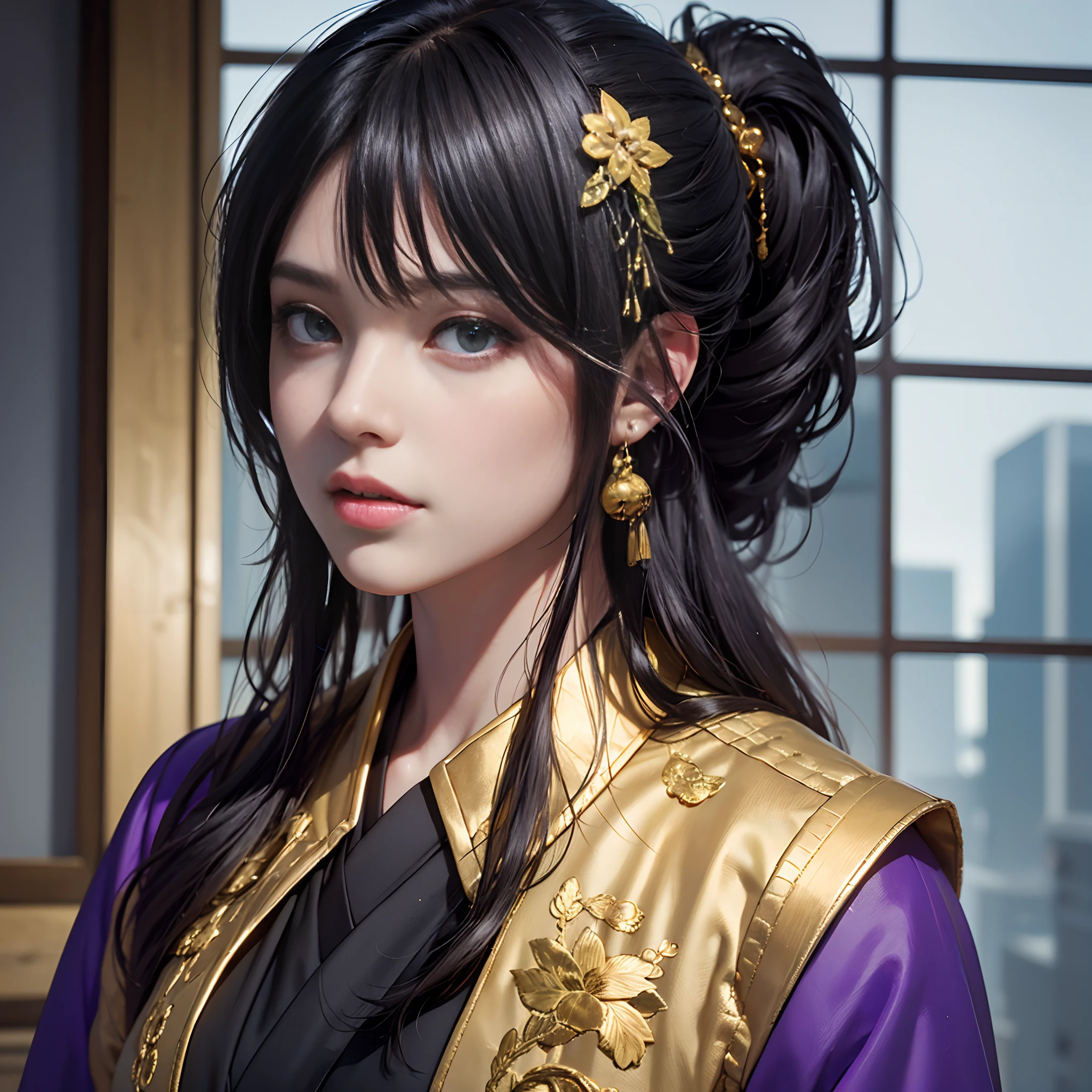 Luxury kimono（Black kimono(Detailed golden embroidery),Purple band、Golden Band Closure）、odd eye、watching at viewers、Outside the window　blue-sky　Streets of Kyoto、Ponytail, Shiny hair, shairband, Mismatched pupils, Hyper-Realism, Verism, Realism, depth of fields, Cinematic lighting, Wide Shot, F/16, nffsw, high details, High quality, Textured skin, 8K, Best Quality, hight resolution