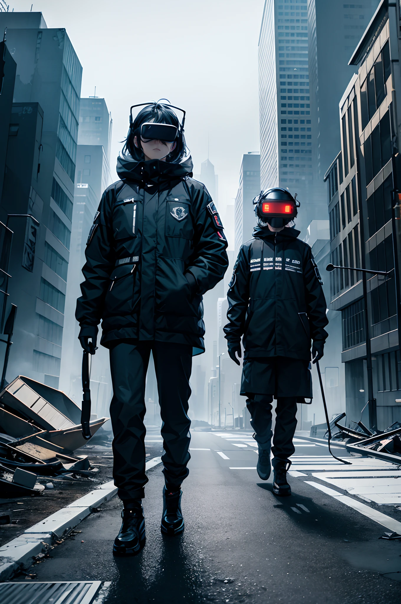 Boken「2067」Create a cover image for Chapter 6 of, Where the city of the future is depicted completely destroyed, a person々for virtual reality games that contaminated the minds of. The image should convey a sense of chaos, Desolation and destruction, In a destroyed building, Empty streets and an impressive presence of technology. Using dark and cool colors、Creates a dark and hopeless mood, Eta、The message conveyed is impactful to the reader.、Make sure it's exciting.