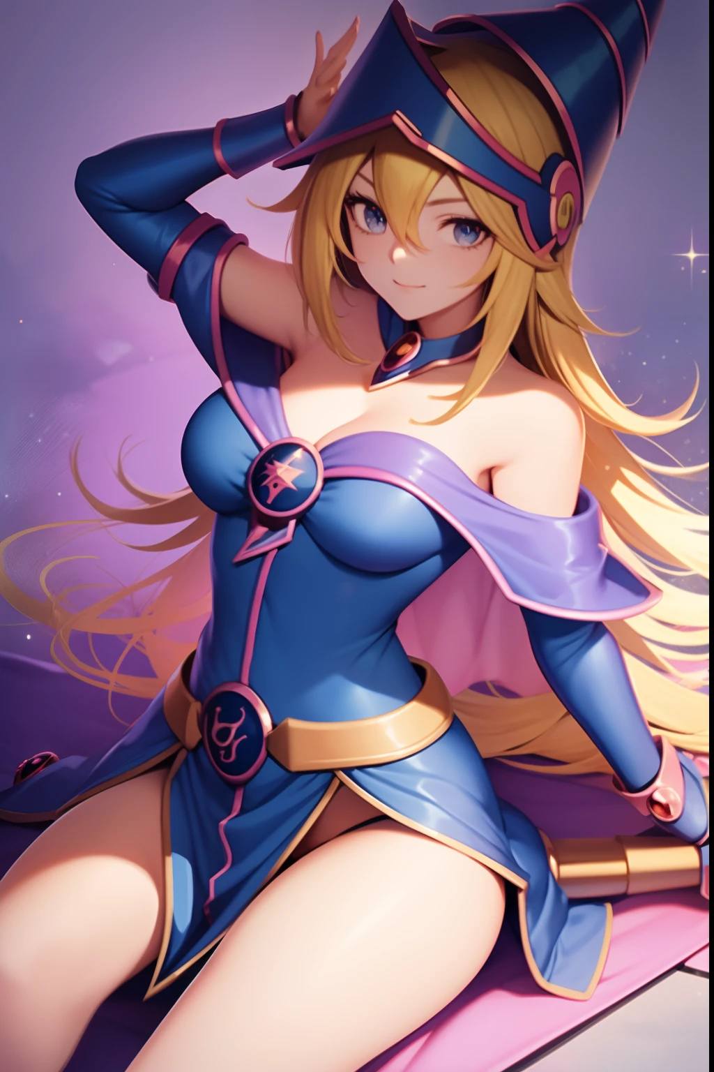 Anime girl with a sword and hat on her head, Black Magician Girl, beautiful dark magician girl, female mage!, dark magician girl from yu-gi-oh, pretty sorceress, flirty anime witch casting magic, hero 2 d fanart artsation, mighty plump female sorceress, Mage, sorceress woman, half invoker half megumin