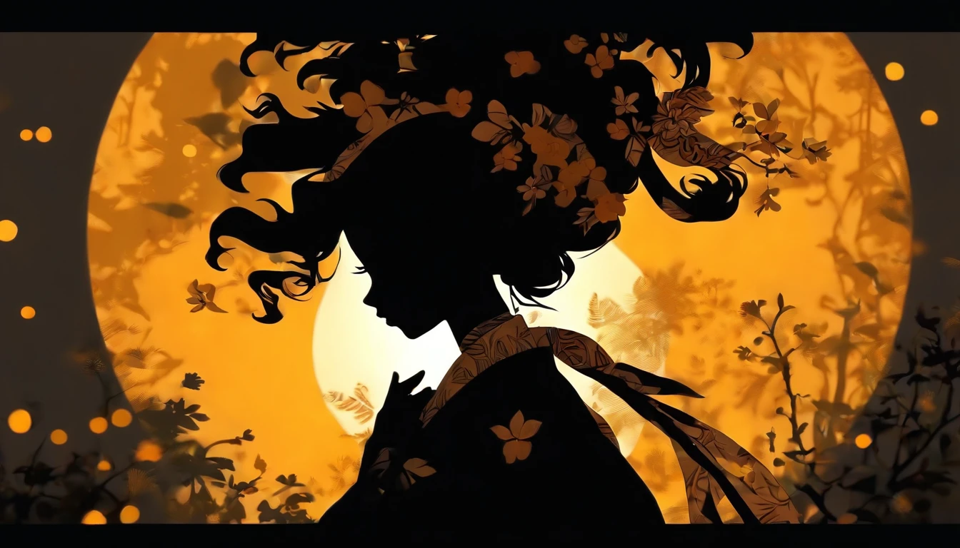 (Silhouette Art,cutouts:1.6)
(((Paper cutting art,A world where only black exists:1.3)

(Cowboy Shot),1 girl,Solo,
(Kimono Girl,profile:1.2),white, Clear and beautiful face,Sunrise behind

break
(Lots of yellow watches)
Textured glass background,
