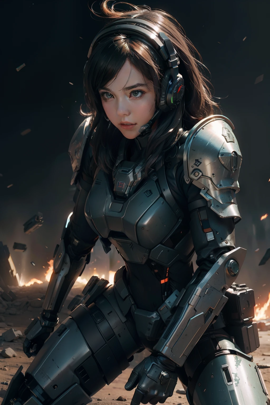 close-up potrait, face focus, a cute young li raised a super big gun, in heavy complex robotic armor, dynamic pose, stance pose, masterpiece, perfect feminine face, best quality, ultra high res, sci-fi, transformers, fantasy, futuristic, green neon, armlet, jet packs, giant canon attached, canon, weapon, heavy armor, mask, headset