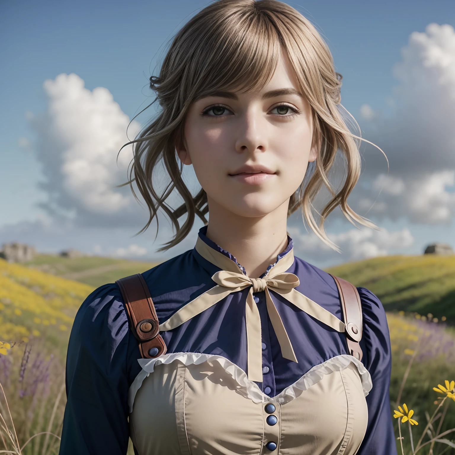 A Photorealistic Person as Violet Evergarden, Full body, Perfect Body, detailed and Intrincicated, HD, In a Meadow., cinematic