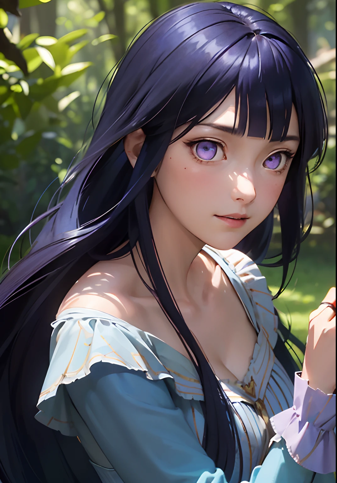 Dappled Light,(Rapunzelwaifu),very long dark blue hair,soft purple dress, and adventurous spirit make her a favorite Disney princess character to cosplay., colorful, realistic round eyes, dreamy magical atmosphere, superheroine costume, (skin texture) (film grain), (warm hue, warm tone:1.2), close up, cinematic light, sidelighting, Blunt Bangs, purple eyes,very long dark blue hair,photo by George W. Harris