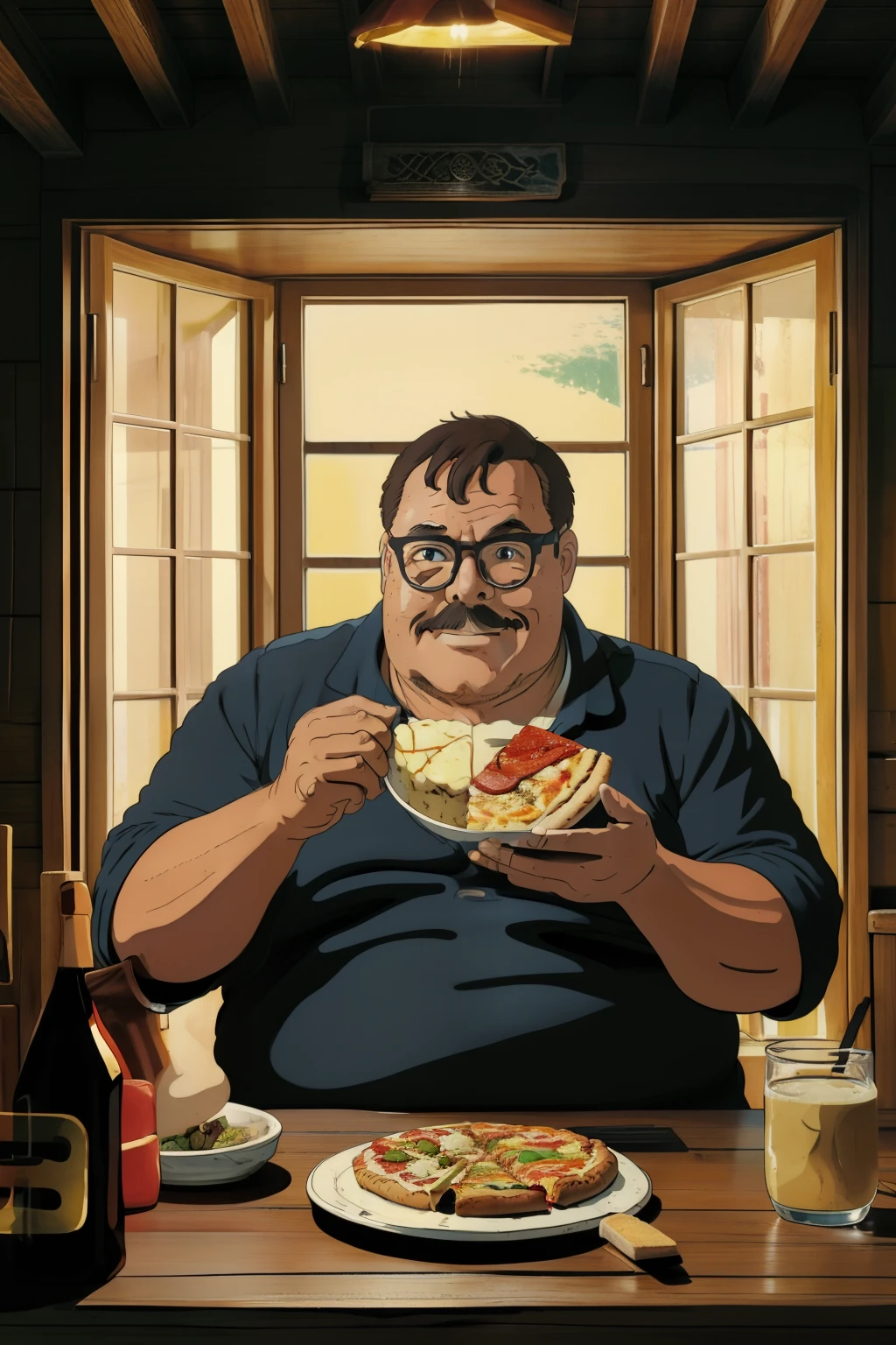 guttonerdvision14, Create a charming Studio Ghibli-style illustration that captures the essence of a chubby, Man with glasses who revels in gluttony. Defina a cena em uma cozinha aconchegante da fazenda, Iluminado por suave, warm sunlight streaming through a window. The ambiance radiates the rustic charm of a farmhouse, complete with weathered wooden furniture and a warm atmosphere.The focal point of the illustration is the jovial, burly man sitting at the table. Seu rosto brilha de alegria desenfreada ao contemplar a festa que se lhe apresenta. em cima da mesa, You'll find a mouth-watering cream that includes pizza slices, fresh bread, uma variedade de bebidas, bolos deliciosos, e doces. His hands eagerly reach for another slice of pizza, His face glowed with pure satisfaction.A luz natural da janela banha a cena de forma suave, warm ilumination, casting soft shadows that add depth and realism to the composition. Emphasize the man and his culinary indulgence, desfoque intencionalmente o plano de fundo, criando um contraste visual impressionante.The illustration should embrace the distinctive style of Studio Ghibli, conhecido por seu design de personagem extravagante e realista. This style emphasizes details rich in expressions, Creating charming and relatable characters.Rendering must be ultra-thin, with 8K resolution, garantindo que cada detalhe, From man's face to food textures, é exquisitely rendered.This scene beautifully captures the theme of indulgence and gluttony in a warm and inviting farmhouse setting, infusing it with the magical and thrilling qualities of Studio Ghibli's storytelling.