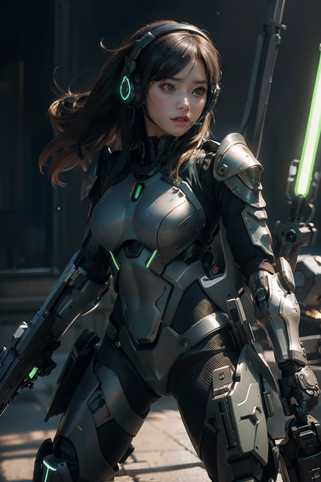 close-up potrait, face focus, a cute young loli raised a super big gun, in heavy complex robotic armor, dynamic pose, stance pose, masterpiece, perfect feminine face, best quality, ultra high res, sci-fi, transformers, fantasy, futuristic, green neon, armlet, jet packs, giant canon attached, canon, weapon, heavy armor, mask, headset