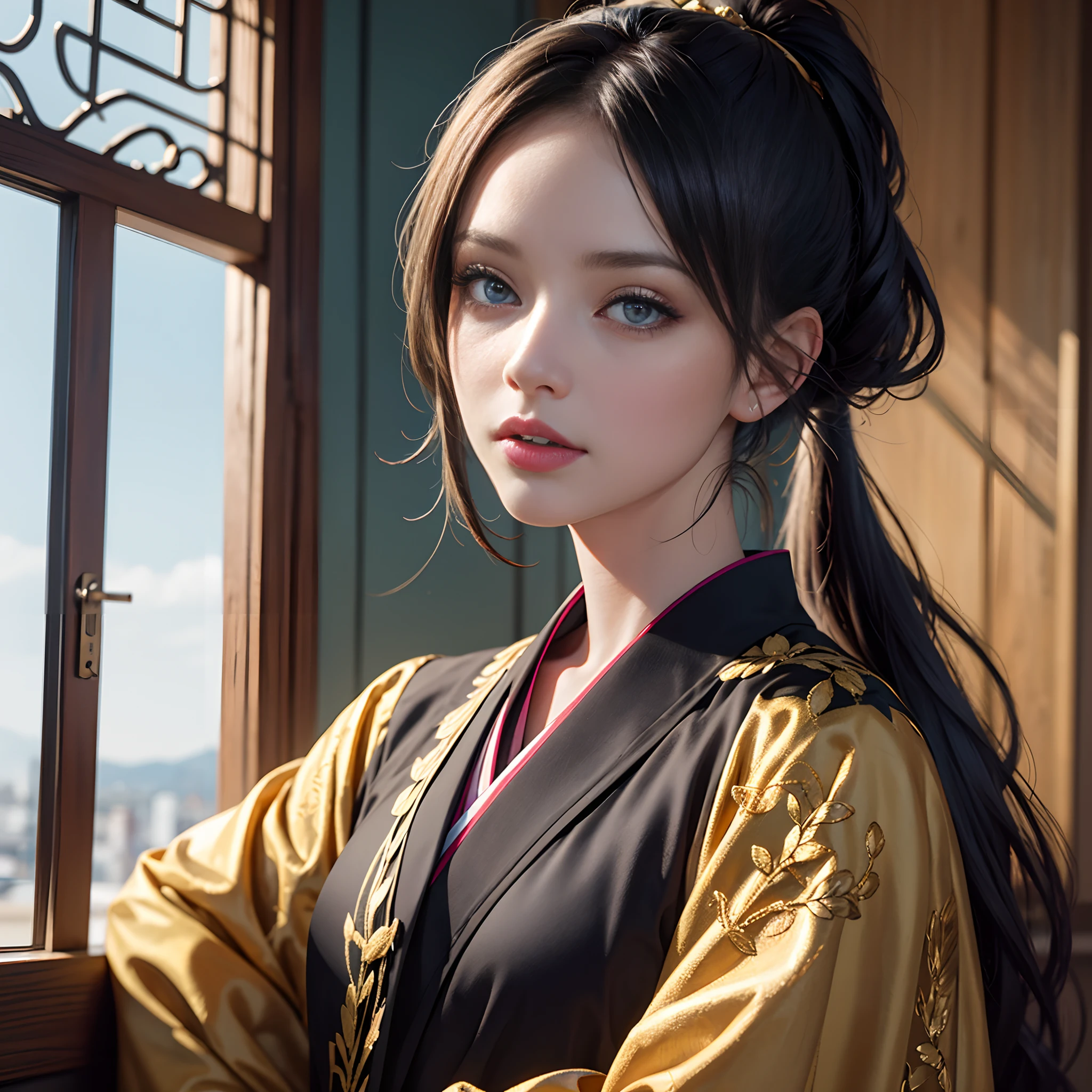 Luxury kimono(Black kimono(Detailed golden embroidery),Purple band、Golden Band Closure)、odd eye、watching at viewers、Outside the window blue-sky Streets of Kyoto、Ponytail, Shiny hair, shairband, Mismatched pupils, Hyper-Realism, Verism, Realism, depth of fields, Cinematic lighting, Wide Shot, F/16, nffsw, high details, High quality, Textured skin, 8K, Best Quality, hight resolution