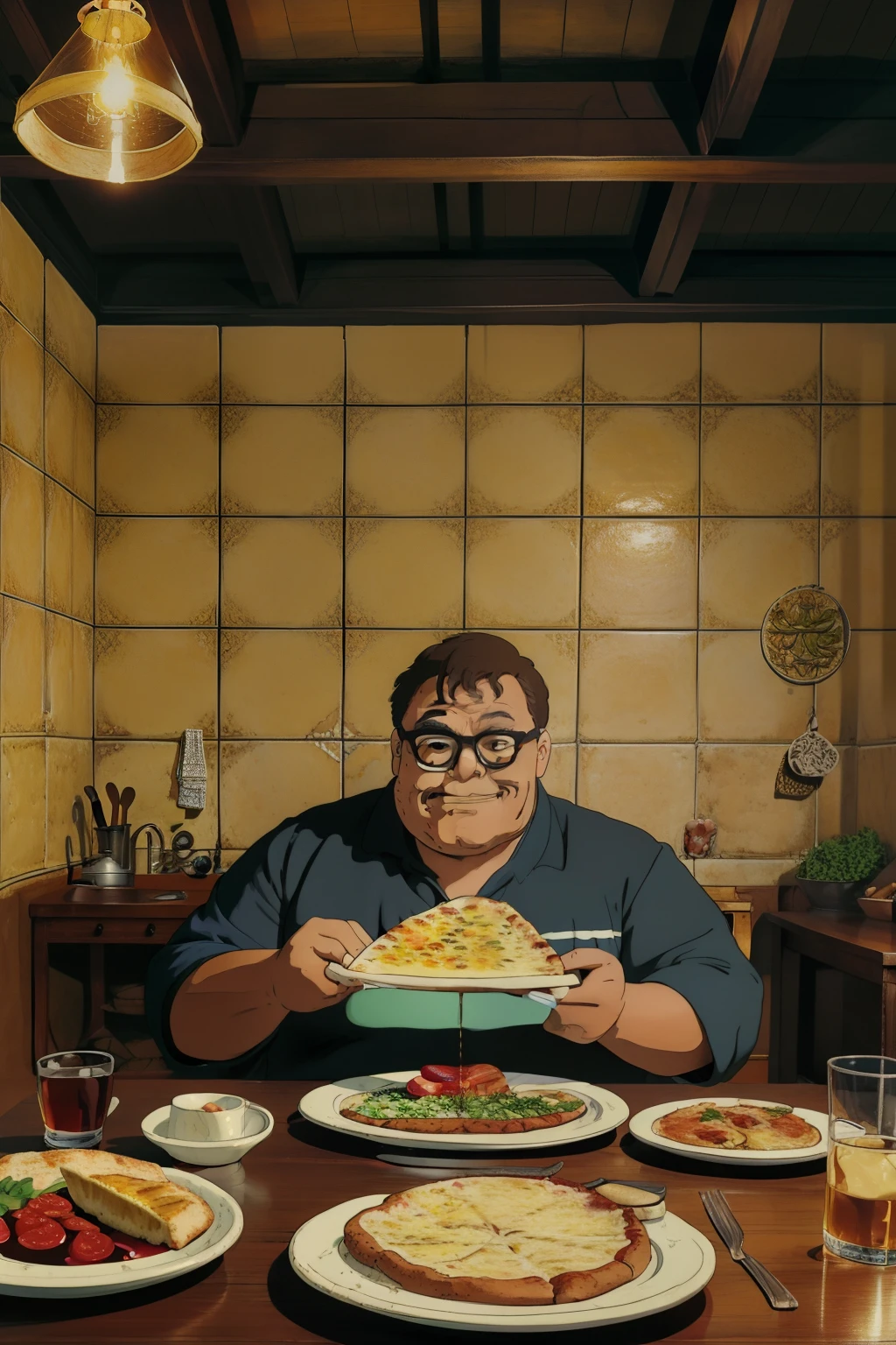 guttonerdvision14, Create a charming Studio Ghibli-style illustration that captures the essence of a chubby, Man with glasses who revels in gluttony. Defina a cena em uma cozinha aconchegante da fazenda, Iluminado por suave, warm sunlight streaming through a window. The ambiance radiates the rustic charm of a farmhouse, complete with weathered wooden furniture and a warm atmosphere.The focal point of the illustration is the jovial, burly man sitting at the table. Seu rosto brilha de alegria desenfreada ao contemplar a festa que se lhe apresenta. em cima da mesa, You'll find a mouth-watering cream that includes pizza slices, fresh bread, uma variedade de bebidas, bolos deliciosos, e doces. His hands eagerly reach for another slice of pizza, His face glowed with pure satisfaction.A luz natural da janela banha a cena de forma suave, warm ilumination, casting soft shadows that add depth and realism to the composition. Emphasize the man and his culinary indulgence, desfoque intencionalmente o plano de fundo, criando um contraste visual impressionante.The illustration should embrace the distinctive style of Studio Ghibli, conhecido por seu design de personagem extravagante e realista. This style emphasizes details rich in expressions, Creating charming and relatable characters.Rendering must be ultra-thin, with 8K resolution, garantindo que cada detalhe, From man's face to food textures, é exquisitely rendered.This scene beautifully captures the theme of indulgence and gluttony in a warm and inviting farmhouse setting, infusing it with the magical and thrilling qualities of Studio Ghibli's storytelling.