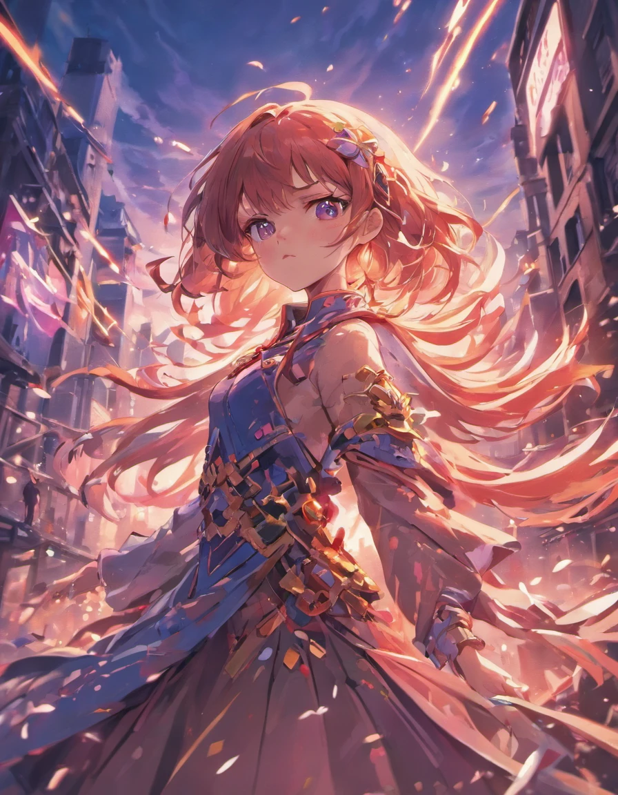 (best quality, 8k, UHD, highres, masterpiece:1.2), ultra-detailed, realistic, portraits, dark atmosphere, glowing neon lights, dark purple color scheme, wind blowing her hair, confident posture, Code Geass style, futuristic school building, cityscape in the background, intense stare, mysterious aura, strong shadows, long eyelashes, intricate uniform design, cherry blossom petals in the air, dramatic lighting, dynamic pose, emotion in her eyes, intense expression, eye-catching composition, detailed background elements, radiant energy surrounding her, intense chiaroscuro, feeling of movement, captivating and powerful presence, intricate hair accessories, refined beauty, post-apocalyptic setting, dramatic sky with clouds, urban landscape, dramatic perspective, intense and vibrant colors.