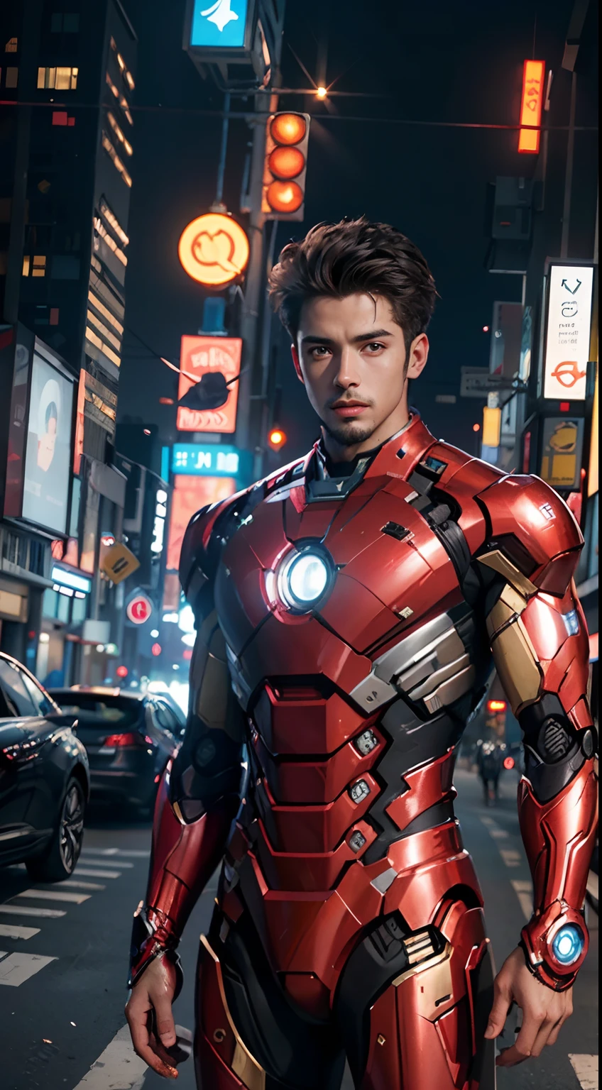 8k Realistic, Attractive, Highly Detailed 20 year old boy, a smart and attractive guy inspired by Iron Man. Wear a shiny Iron Man robot. She dresses with swagger and confidence. It perfectly reflects Iron Man's strength and abilities. In a cyberpunk style city night scene A confident and attractive young man uses Iron Man cosplay as his theme. A boy wearing a shiny Iron Man robot suit stands on a street lined with tall buildings. The lights of the city at night shine brightly. It reflected the boy's machine. Add a sense of futuristic technology The surrounding buildings and streets are filled with cyberpunk elements such as neon lights, high-tech gadgets, and futuristic architectural designs. The entire scene is filled with a futuristic and sci-fi atmosphere. The high definition, high quality images will be incredibly enjoyable to watch. The perfect mix of sexy, futuristic, and sci-fi elements. OC rendering, stunning lighting, award-winning quality, full-size, smart chassis.