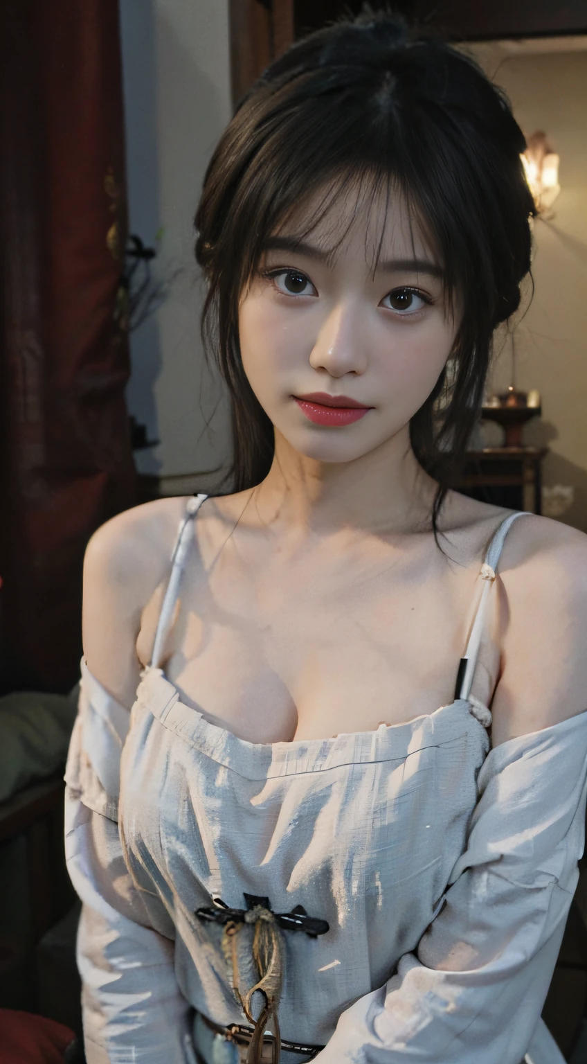 Portrait photography，1 girl，Off Shoulder，Snow Scene，Snowing background，Off Shoulder蝴蝶印花连衣裙女夏季性感辣妹收腰修身包臀裙子，Flowers，White，whole body：1.4，Lipstick，(Big Breasts:1.6)，Headband，serene，calm，(Realistic and detailed eyes，Natural skin texture，Realistic facial details)，