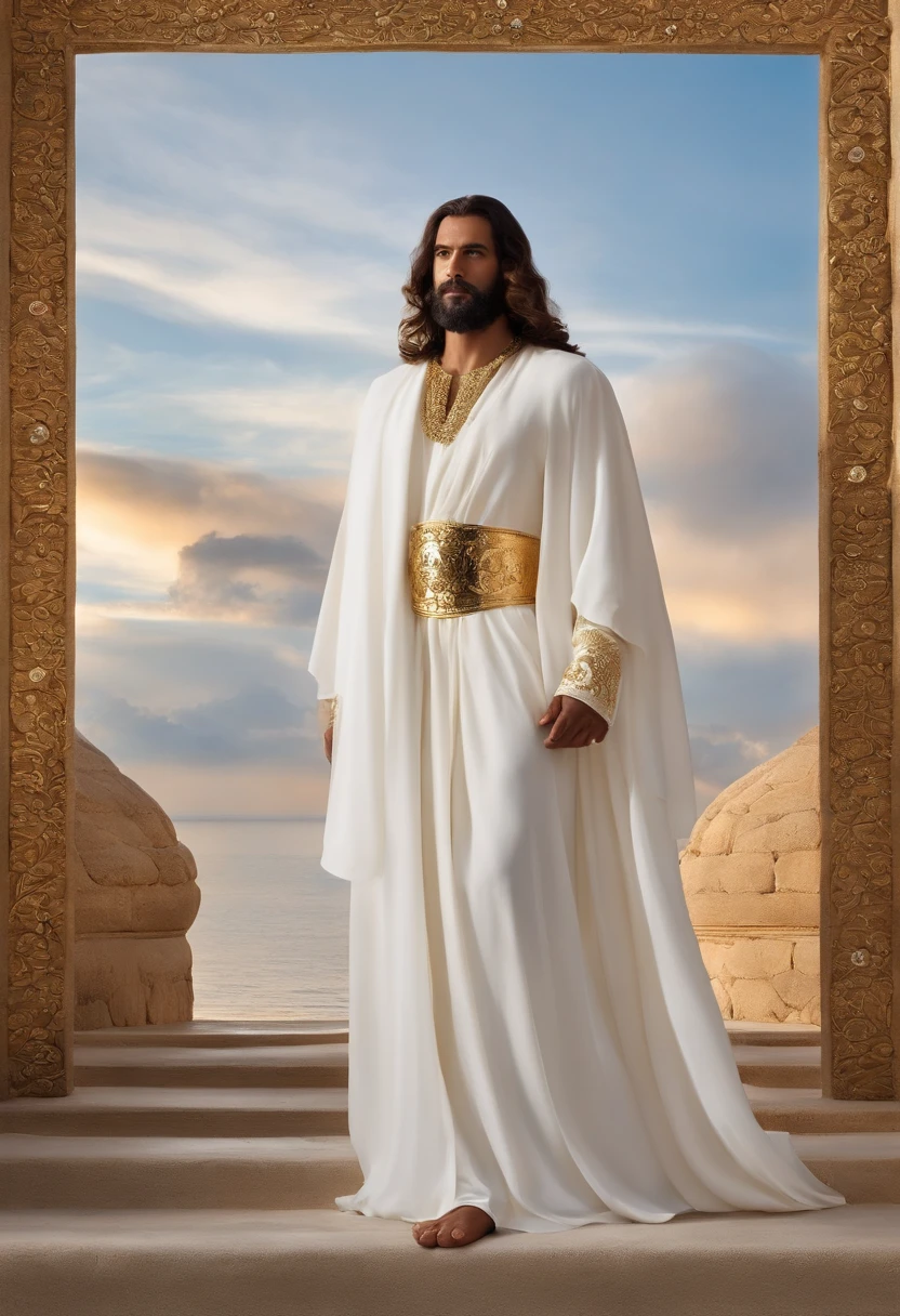 Deus, dressed to the feet in a long white garment and girded by the chest with a golden belt. His head and hair white as white wool, como a neve, e os olhos, como chama de fogo; your feet, similar to shiny brass, como se tivesse sido refinado numa fornalha;