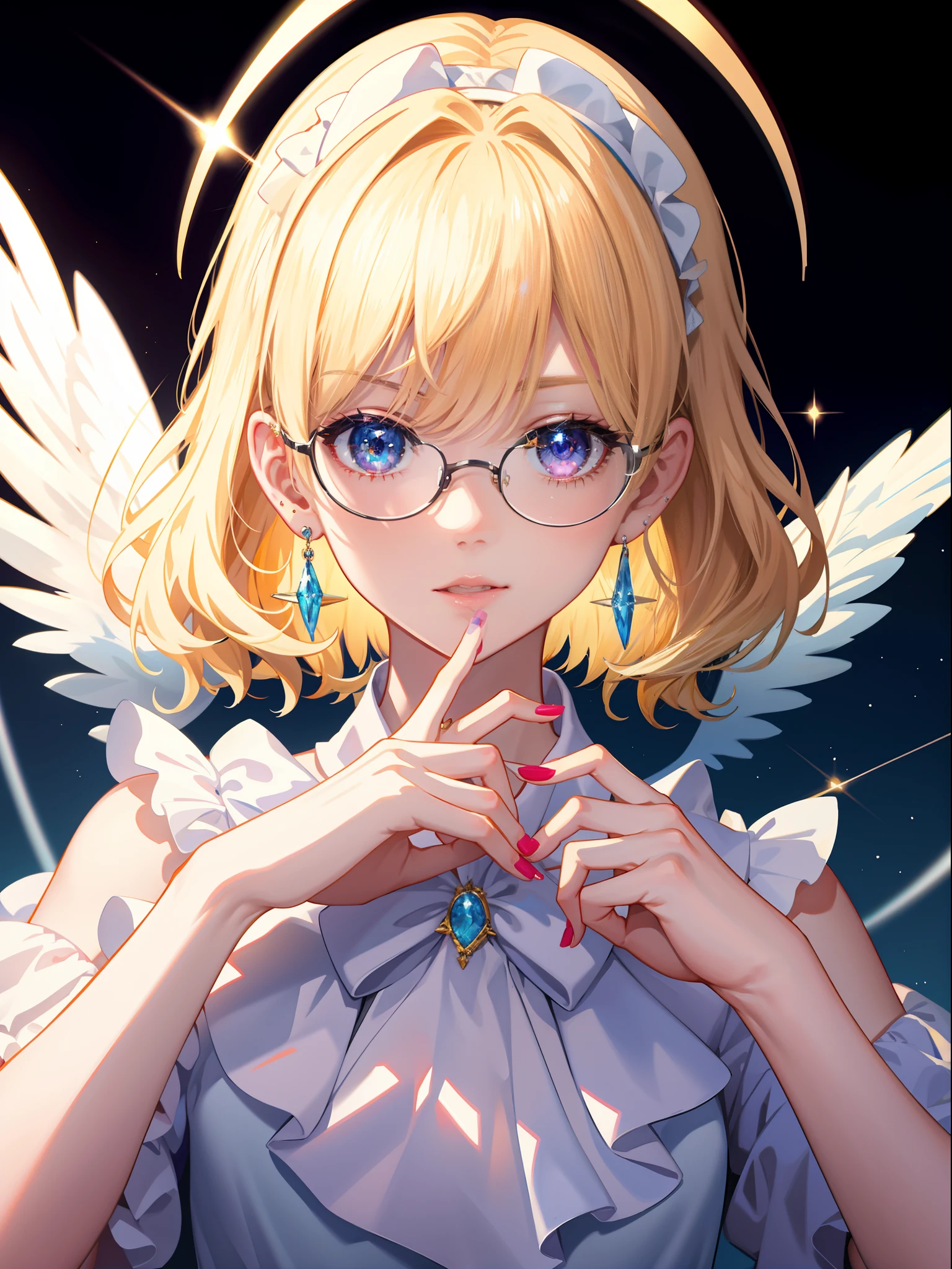 masterpiece++, ultra-detailed++, pixiv++, best shadows++, best lighting++, best quality++, cinematic shot, rim lightning, close up++, 1girl, solo, piercing, ear piercing, wavy hair, looking at viewer, bow, bangs, aesthetic glasses, jewelry, colorful eyes, blonde hair, closed mouth, hands on own face, short hair, portrait, earrings, halo, nail polish, white bow, frills, hairband, sparkle, colorful background