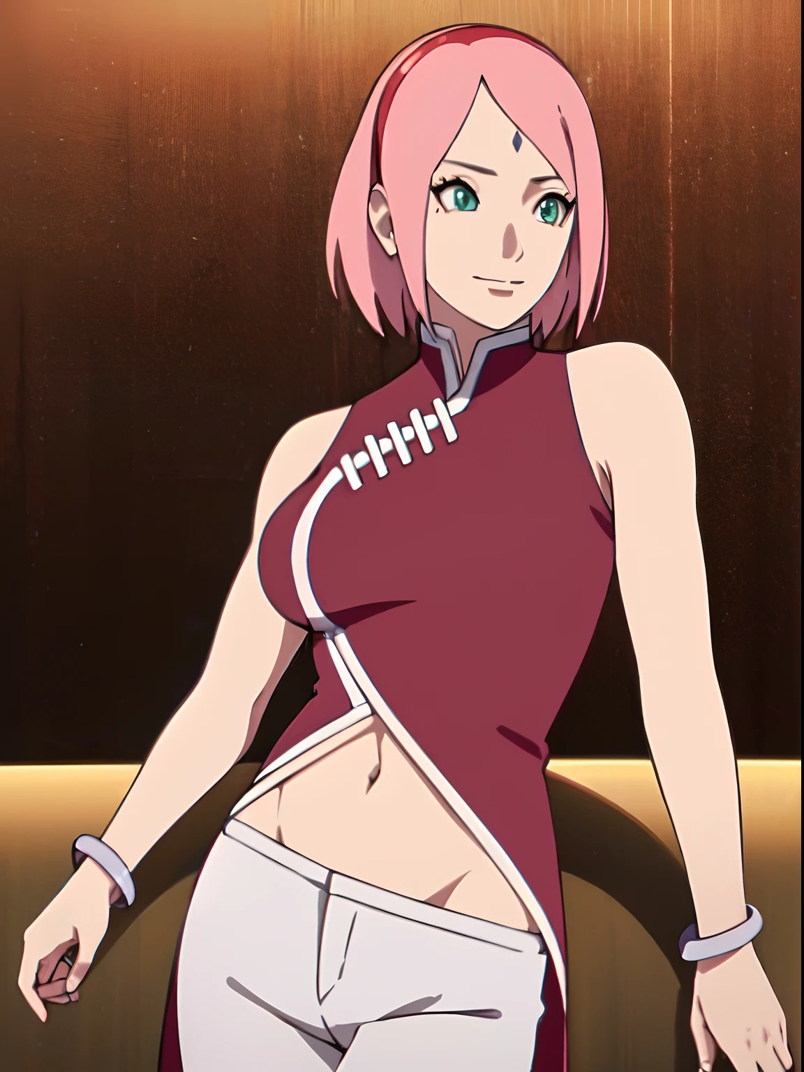 masterpiece, 4k, portrait, cowboy shot, (PLAYGROUND BACKGROUND), professional artwork, intricate details, colorful, digital blending, (ultra detailed body, ultra detail hair, ultra detail face), trending on pixiv, kind smile, best quality, anime style: 1.9, 1girl, hires, haruno sakura, (forehead mark, milf, red hairband, pale skin, (small breasts), short hair, ((red sleeveless dress), white pants), ((navel, belly button), slender body, slender belly, bracelet, pink hair, open mouth, big eyes), smile, beach, wind, floating hair, detailed arms, off-shoulders, broad shoulders, (((both) hands spreading to both sides)), fancy couch, relaxing, laying, talking, looking at the viewer))), (((flexing)))