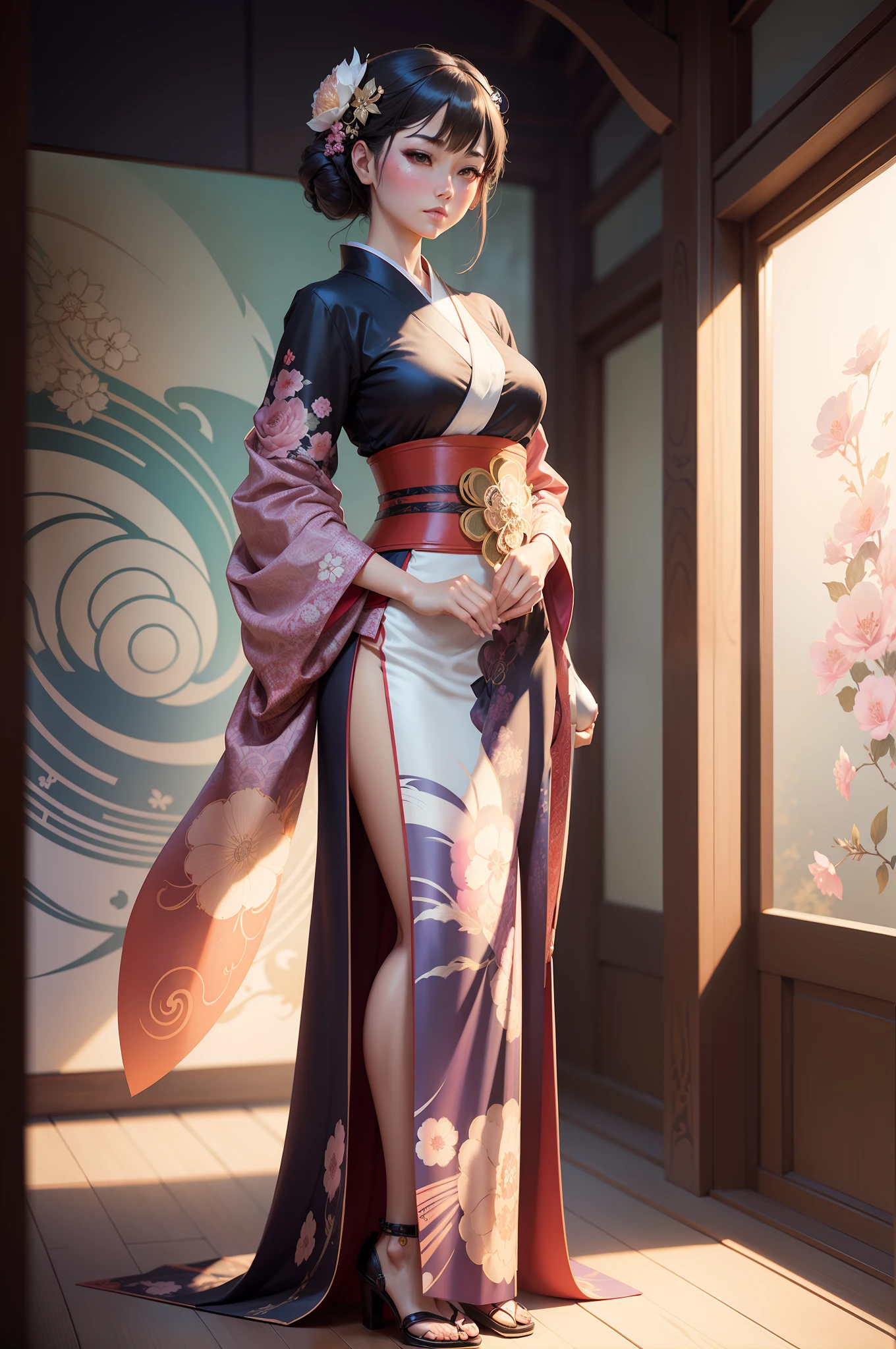 Anime woman in kimono dress standing in front of wall, alphonse mucha and rossdraws, oriental art nouveau, ross tran style, japanese art style, artgerm and atey ghailan, in the style of ross tran, inspired by Ross Tran, palatial palace , a girl in hanfu, Exquisite digital illustration, :: rossdraws, beautiful digital illustrations, Kimono Poster style card